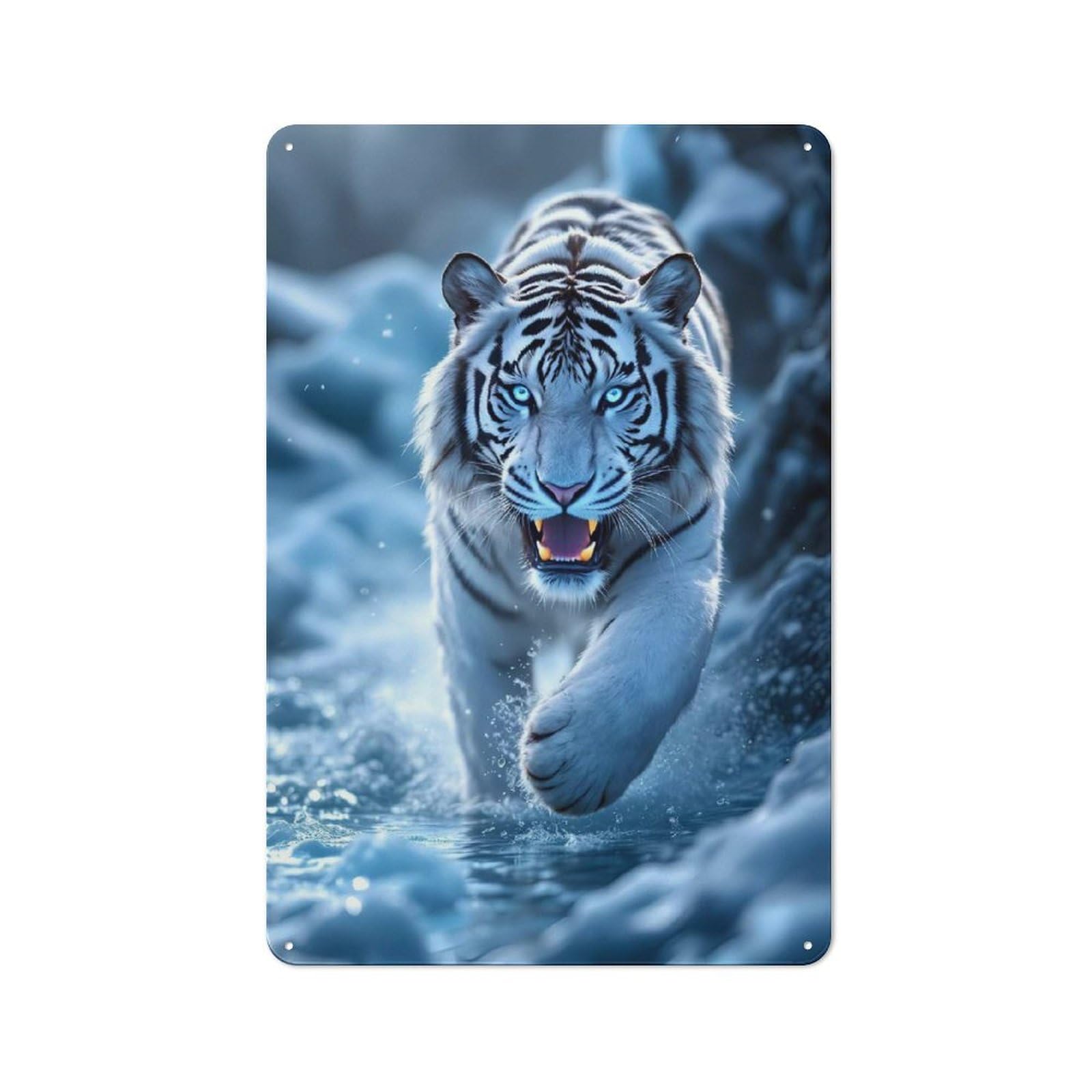 Junmoney Style-20 Cafe Style Decorative Metal Plaque 30X20cm Featuring White Tiger In Water, Bistro Wall Plaque For Tea Room, Shop Wall Or Breakfast Area