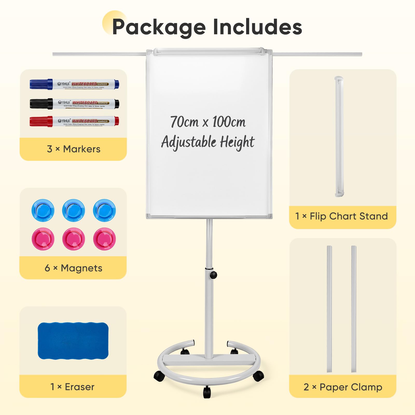 Magnetisches Mobiles Whiteboard & Flipchart Ständer 70x100 cm, Höhenverstellbar 157-195cm, fahrbare Moderationstafel mit 5 Rollen & Papierklammer, für Büro, Schule & Home Office (Weiß mit Schiebeclip)