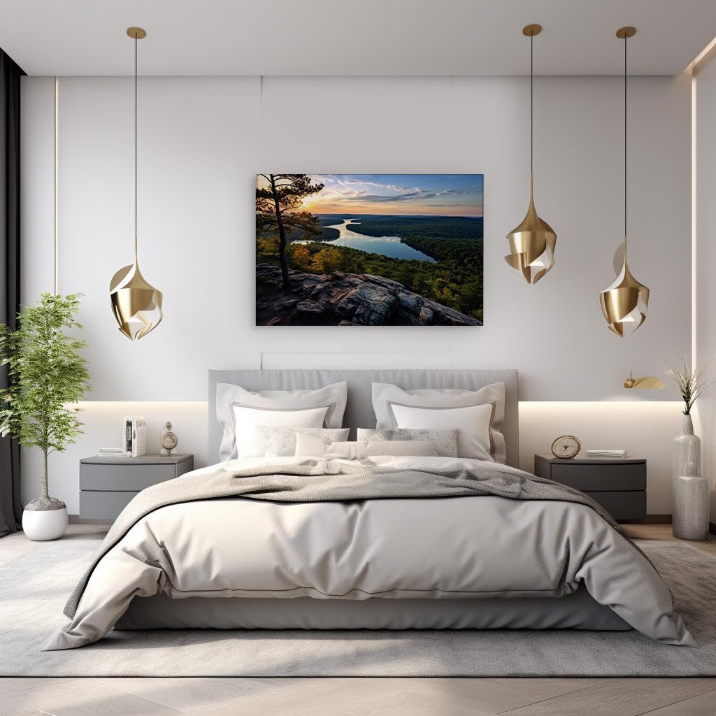 Canvas for Living room. Sunset Serenity by the Meandering River � A Tapestry of Autumn's First Whisper, 27 x 18 inch Canvas Wall Art - Contemporary Masterpieces - Modern Home Decor