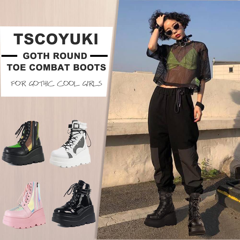 Tscoyuki Platform Ankle Boots for Women Chunky High Heel Booties Goth Round Toe Combat Boots Women Lace Up Motorcycle Wedges: 10 3-pink