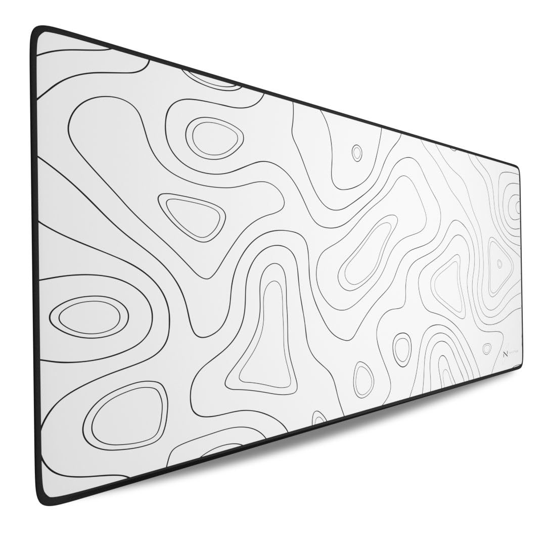 NYFTER - 3XL Gaming Mauspad weiß im Topography design 1200 x 600mm Premium Mousepad Size Groß vernähte Kanten langlebig mit high-end Glide und Anti-Rutsch Speed Gaming Mauspad