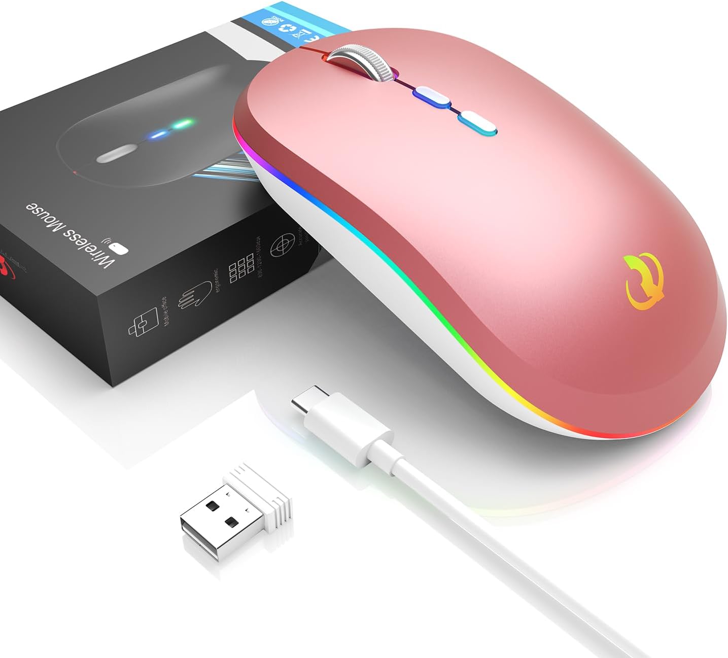 RIIKUNTEK Wireless Mouse for Laptop, 2.4G & Bluetooth Mouse Rechargeable with RGB Light, Silent Computer Mouse with Type-C Charging for PC, Laptop, iPad, Tablet, Pink