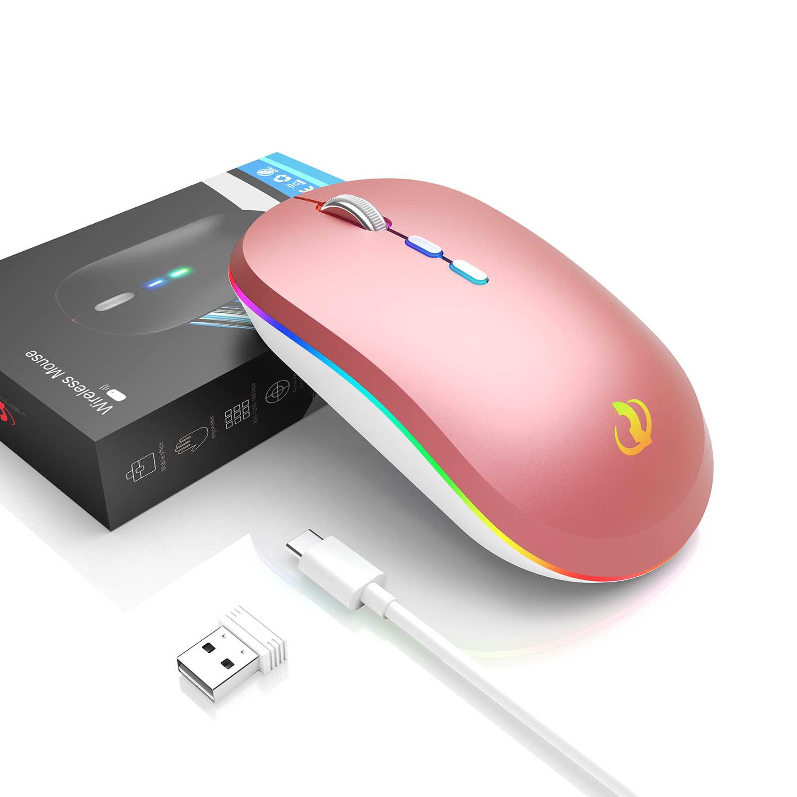 RIIKUNTEK Wireless Mouse for Laptop, 2.4G & Bluetooth Mouse Rechargeable with RGB Light, Silent Computer Mouse with Type-C Charging for PC, Laptop, iPad, Tablet, Pink