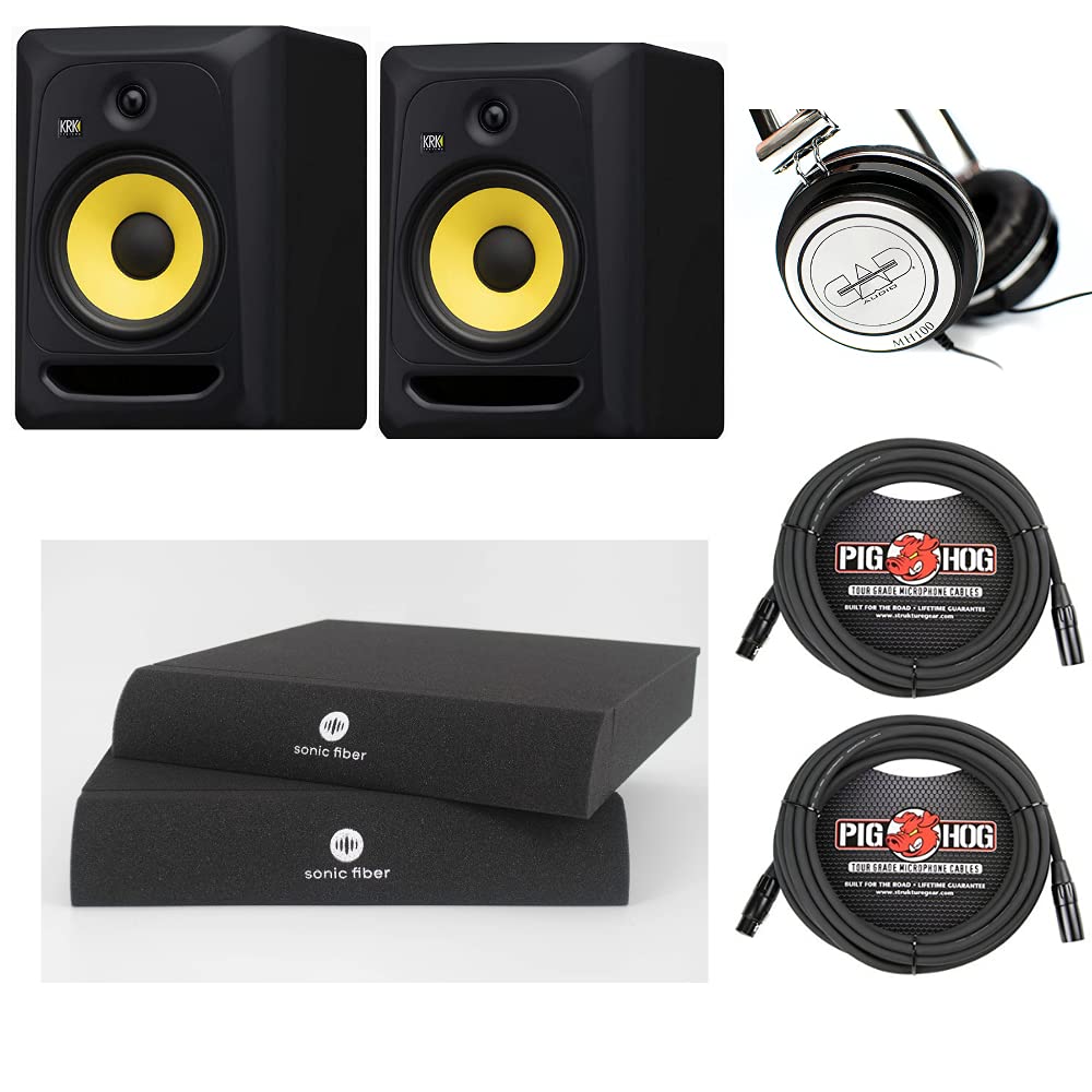 Digital DJ Gear KRK Classic 8 Studio Monitors Pair Bundle with Sonicfiber Isolation Pads, CAD MH100 