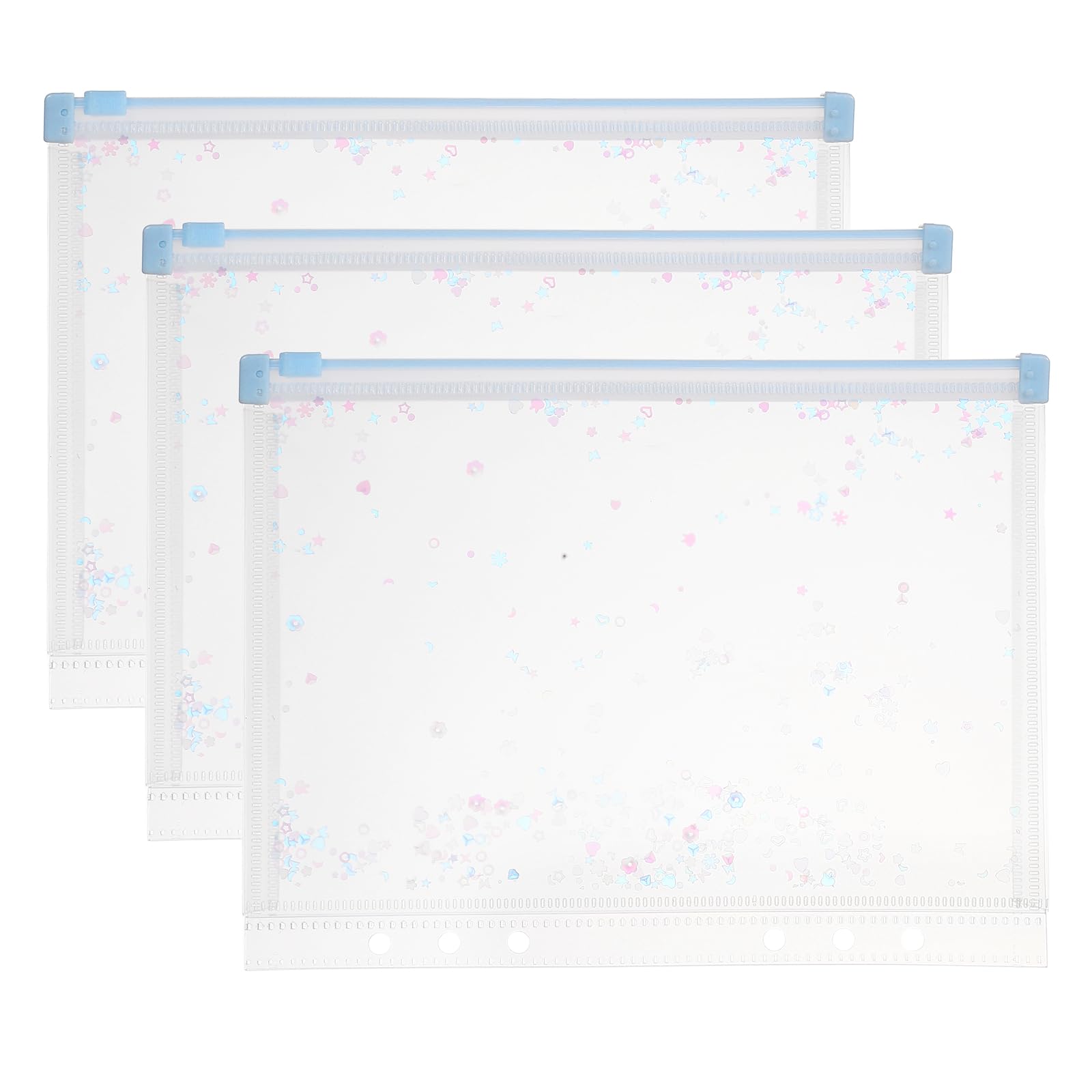 PATIKIL 3Pcs A5 Plastic Binder Zipper, Binder Pockets 9 x 7 Clear Envelope Folders Planner Waterproof Pouch Filing with Sequin Decor for Document, Light Blue โ image 1