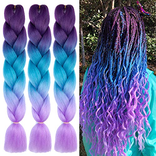 jiefeng 6 Bundles Lot 24 Inch Ombre Jumbo Braiding Hair Extensions High Temperature Synthetic Hair Extensions for Black Women (Ombre Purple to Lake blue to Light Purple)