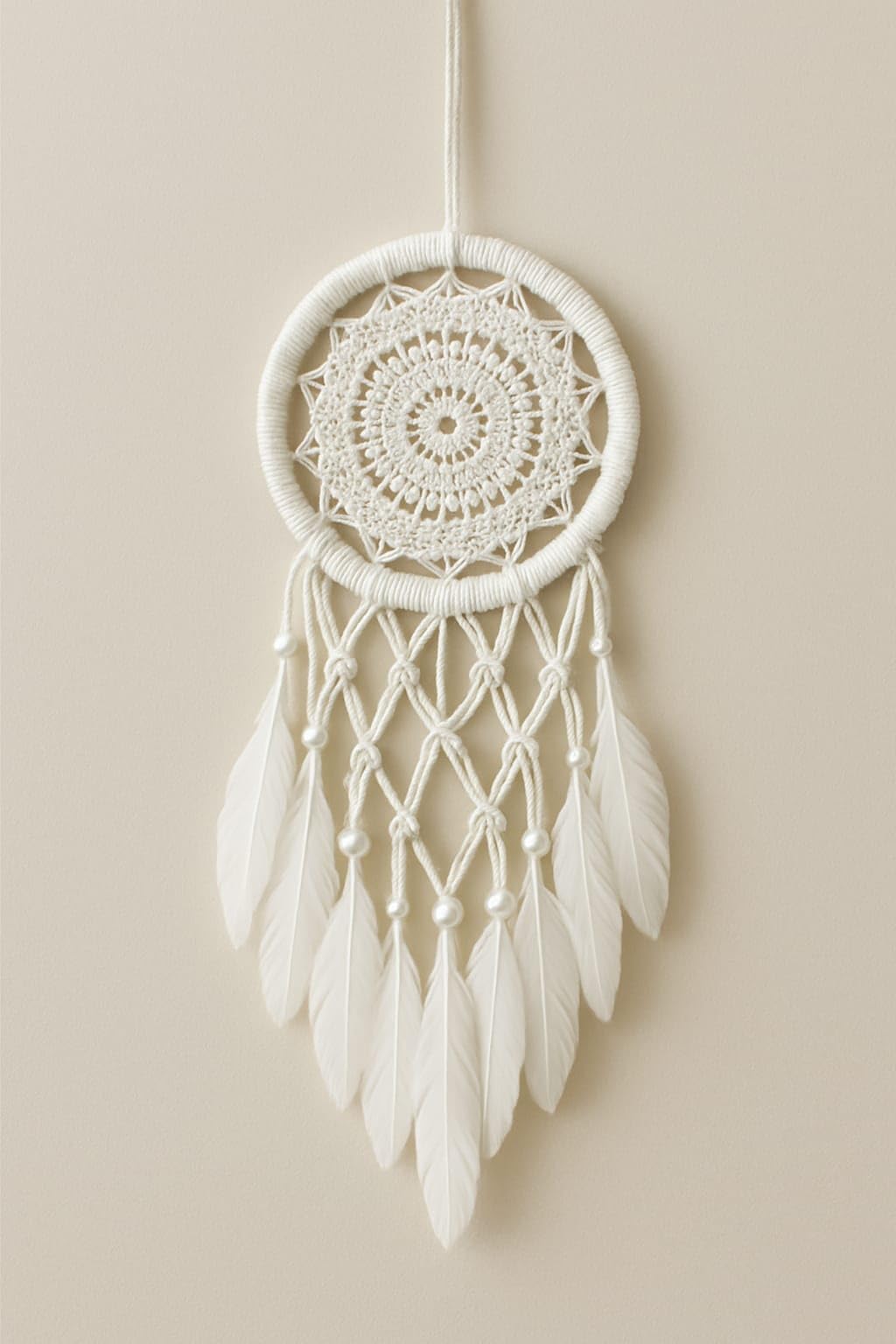 handmade evil eye dream catcher wall hanging – boho macrame décor with feathers & wooden beads | protection talisman for positive energy, bedroom, living room & car decoration (white)