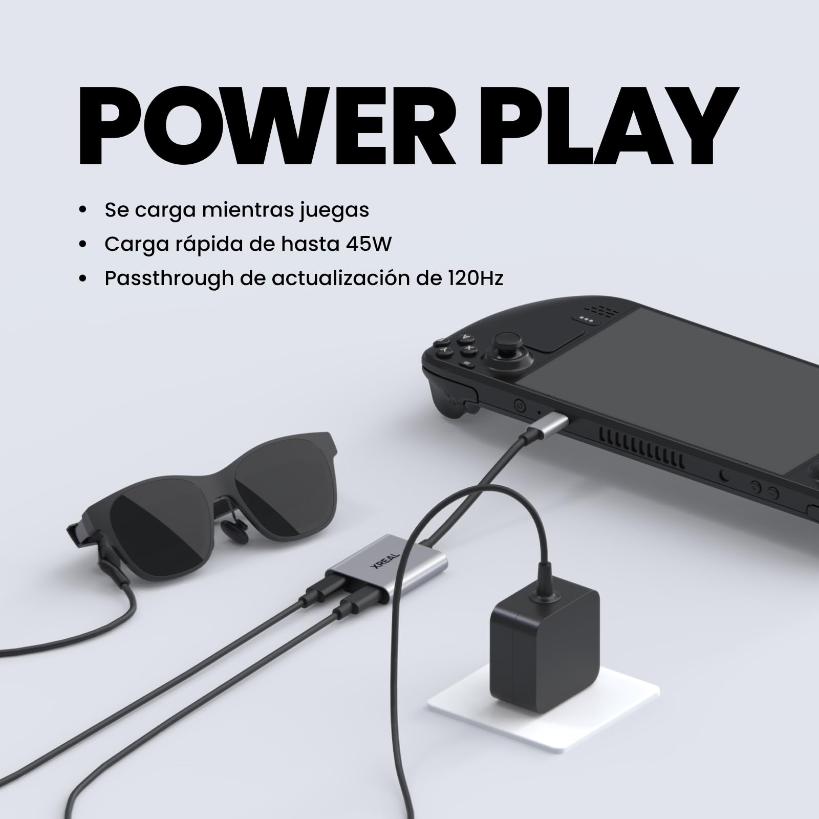 XREAL Hub, Power and Play Adaptador, Alimenta AR Gafas Mientras Carga su Dispositivo Fuente, como Steam Deck, ROG Ally, Switch, iPhone 15 o Teléfono Android, Soporta 45W Carga Rápida y 120Hz