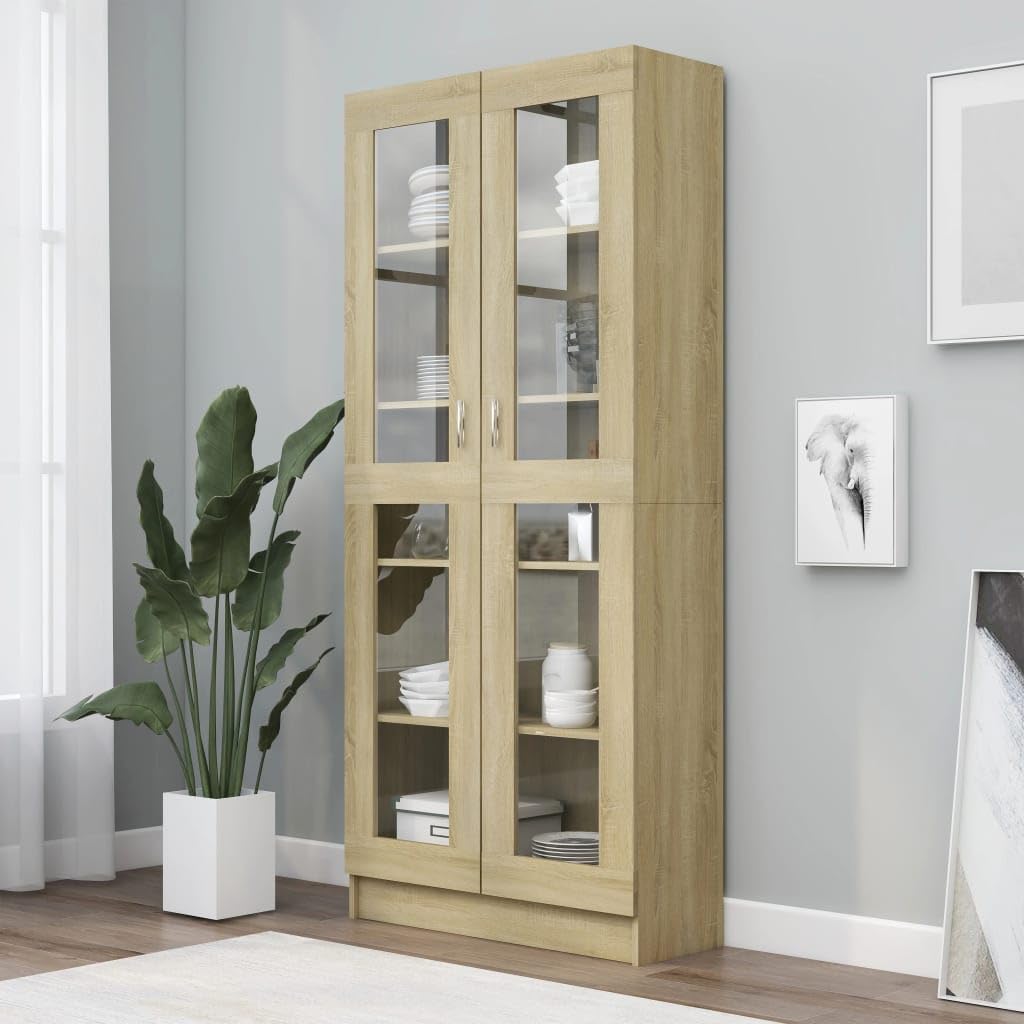 FENLAX Estanteria Alta Vitrina con Puerta Mueble Libros Organizador con Compartimentos Biblioteca Libreria para Exposición 82,5x30,5x185,5 cm Madera Contrachapada, Vidrio Roble Sonoma