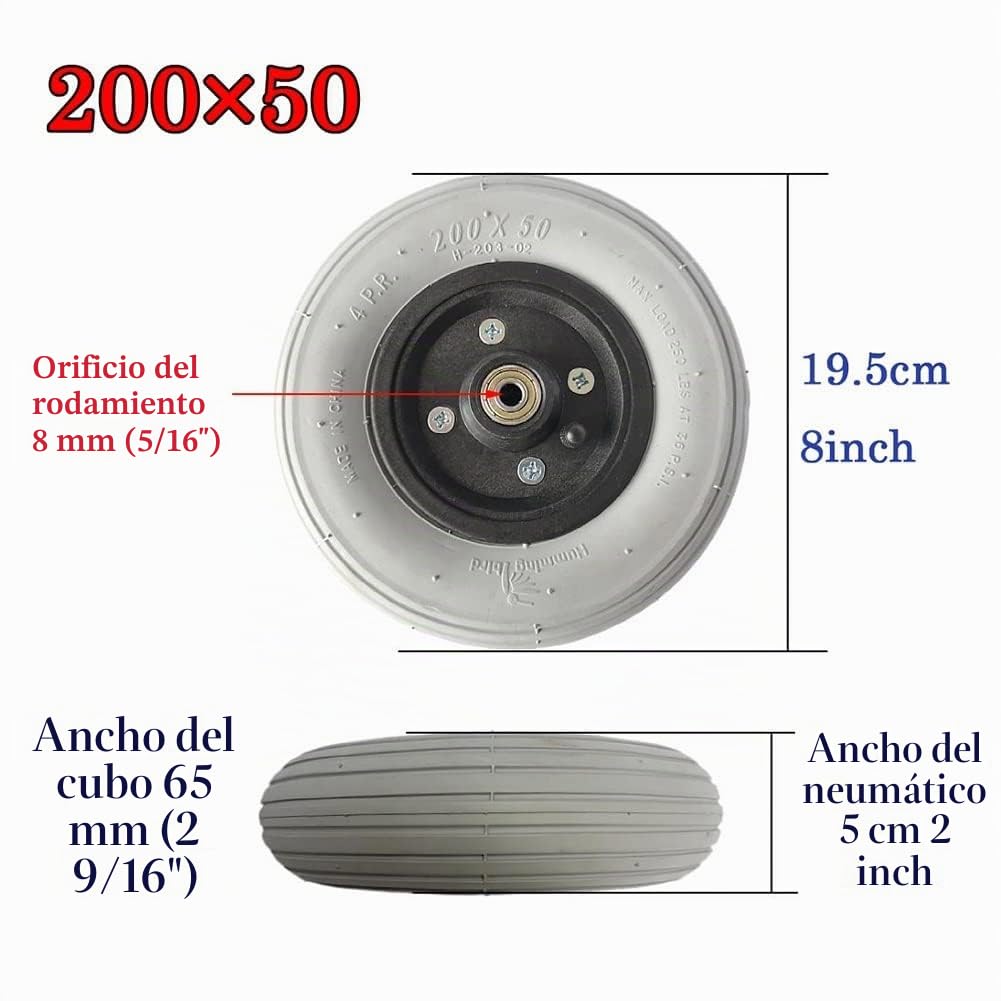Rueda Delantera para Silla de Ruedas de 8 Pulgadas, neumáticos sólidos de poliuretano, 200 X 50, Accesorio para Andador para Personas Mayores, Rueda de Repuesto/Grey/8Inch(2Pcs)