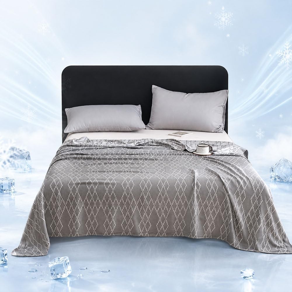 JvFbjLF Blanket – Cooling Fibre, Double-sided & Ultra-thin(Gray Geometric,150x200cm)