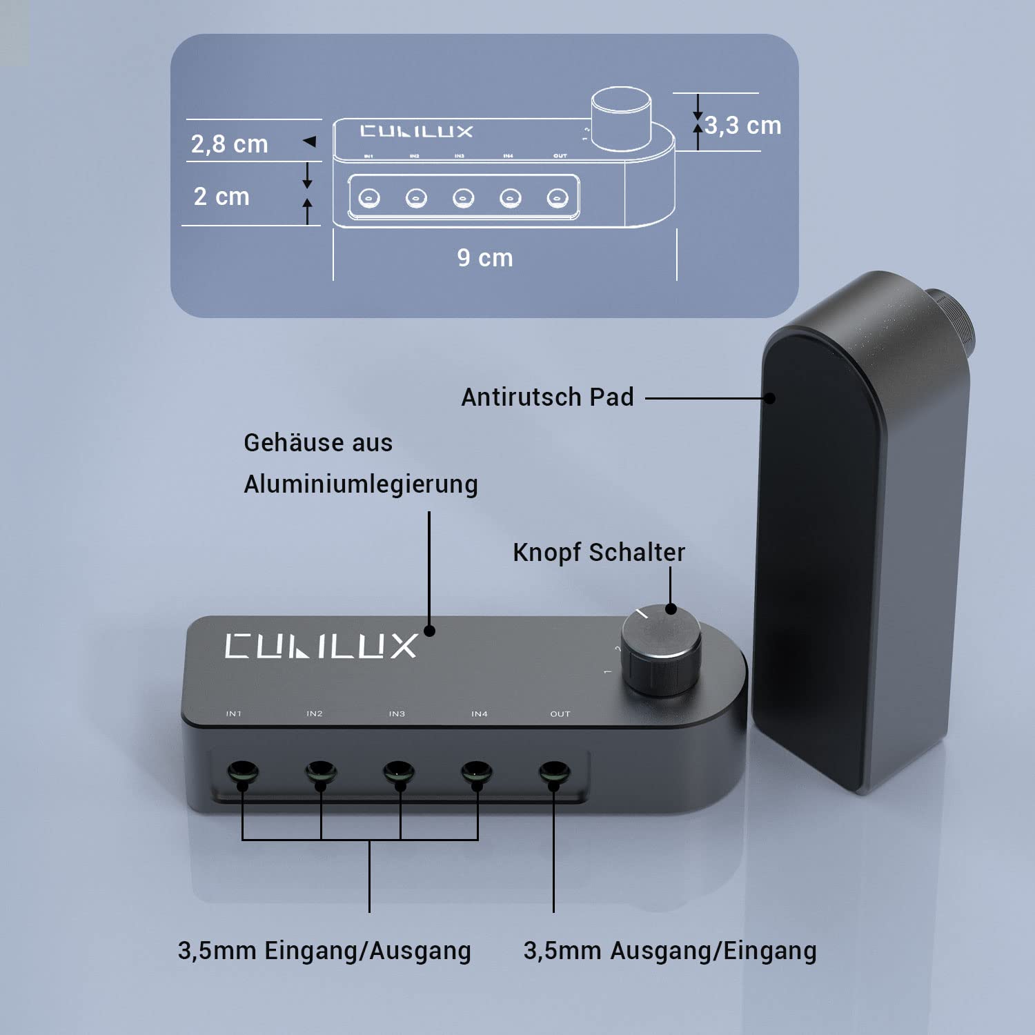Cubilux 3,5 mm Audio Umschaltbox, bidirektional 4 Port, 1 zu 4 oder 4 zu 1, passiver 1/8 Zoll AUX Wahlschalter für Kopfhörer und Lautsprecher