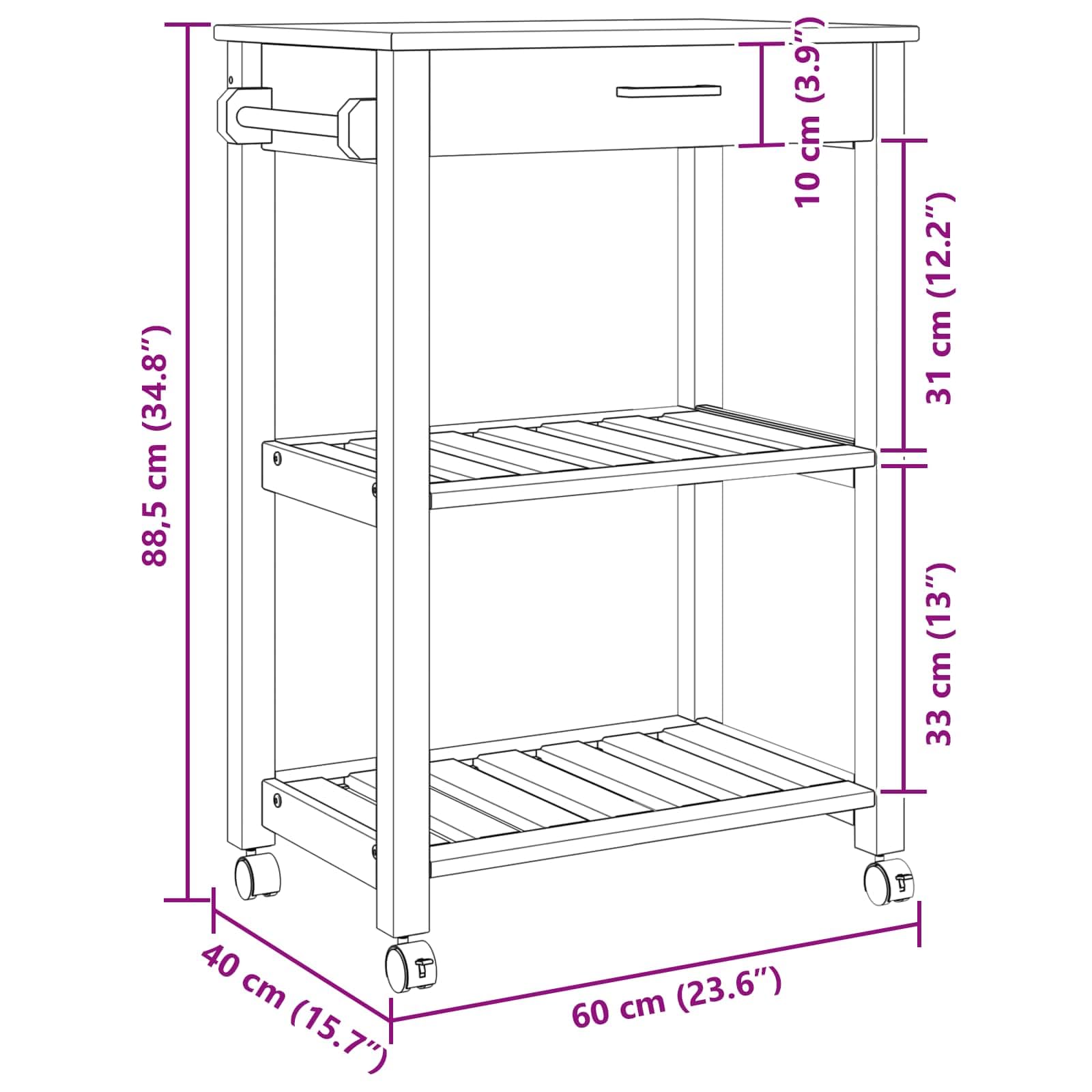 Küchentrolley Monza Schwarz Massivholz Kiefer 60 x 40 x 88,5 cm mit Regal Schublade Vier 360° Rollen für Küchenorganisation und Mobile Arbeitsfläche