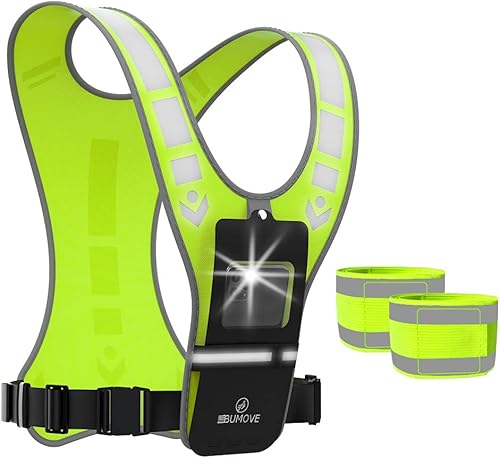 BUMOVE - Chaleco reflectante con soporte para teléfono para mujeres, hombres y niños, bandas de seguridad ajustables para correr de noche, ciclismo,