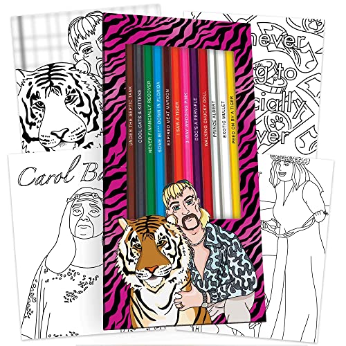 Pun Labs Exotic Colors Colored Pencil Set & Tiger King-Inspired Coloring Pages – Gift Set of 12 Parody Pencils with Foil-Stamped Names + 10 Coloring Sheets | Great for Fans & Tiger King TV Show Decor