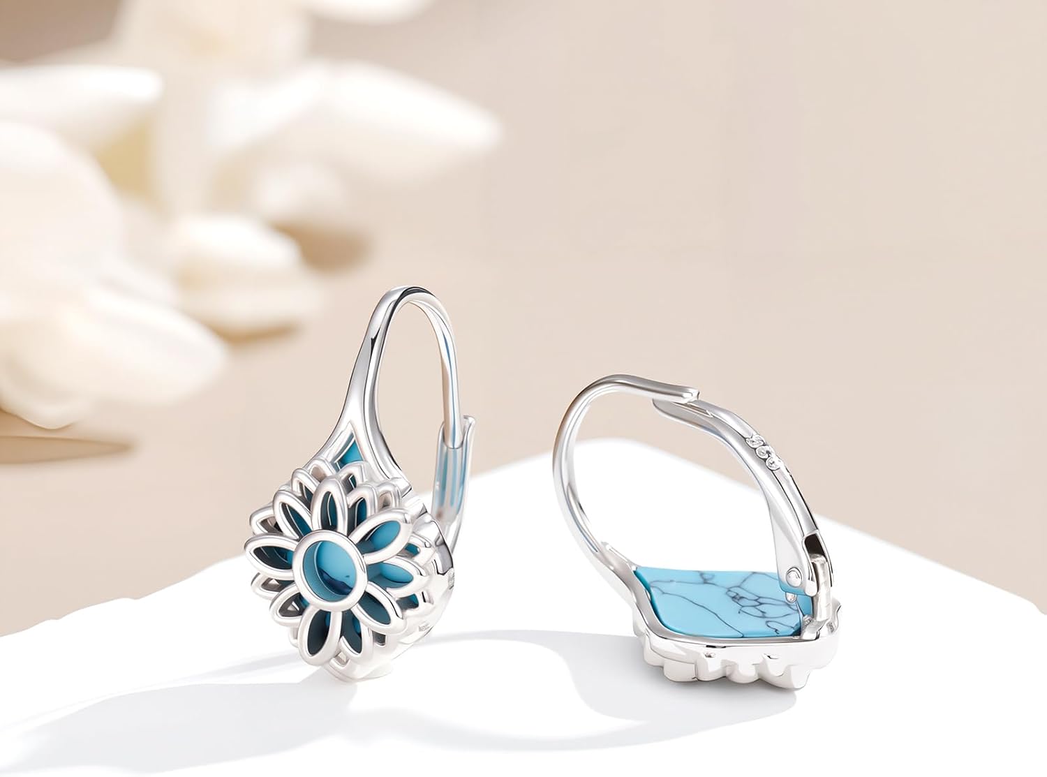 PEIMKO 925 Sterling Silver Turquoise Exquisite Flower Dangle Earrings Boho Style Leverback Drop Earrings Jewelry Gifts for Women Mother - Image 4