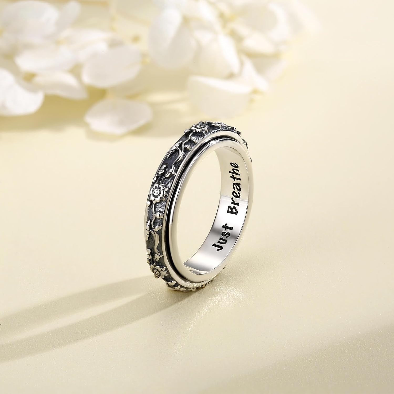 Fidget Spinner Rings for Anxiety Women Just Breathe Sterling Silver Lotus Cross Cat Spinning Worry Ring Stress Relief Calm Jewelry Gifts for ADHD Autism Daughter