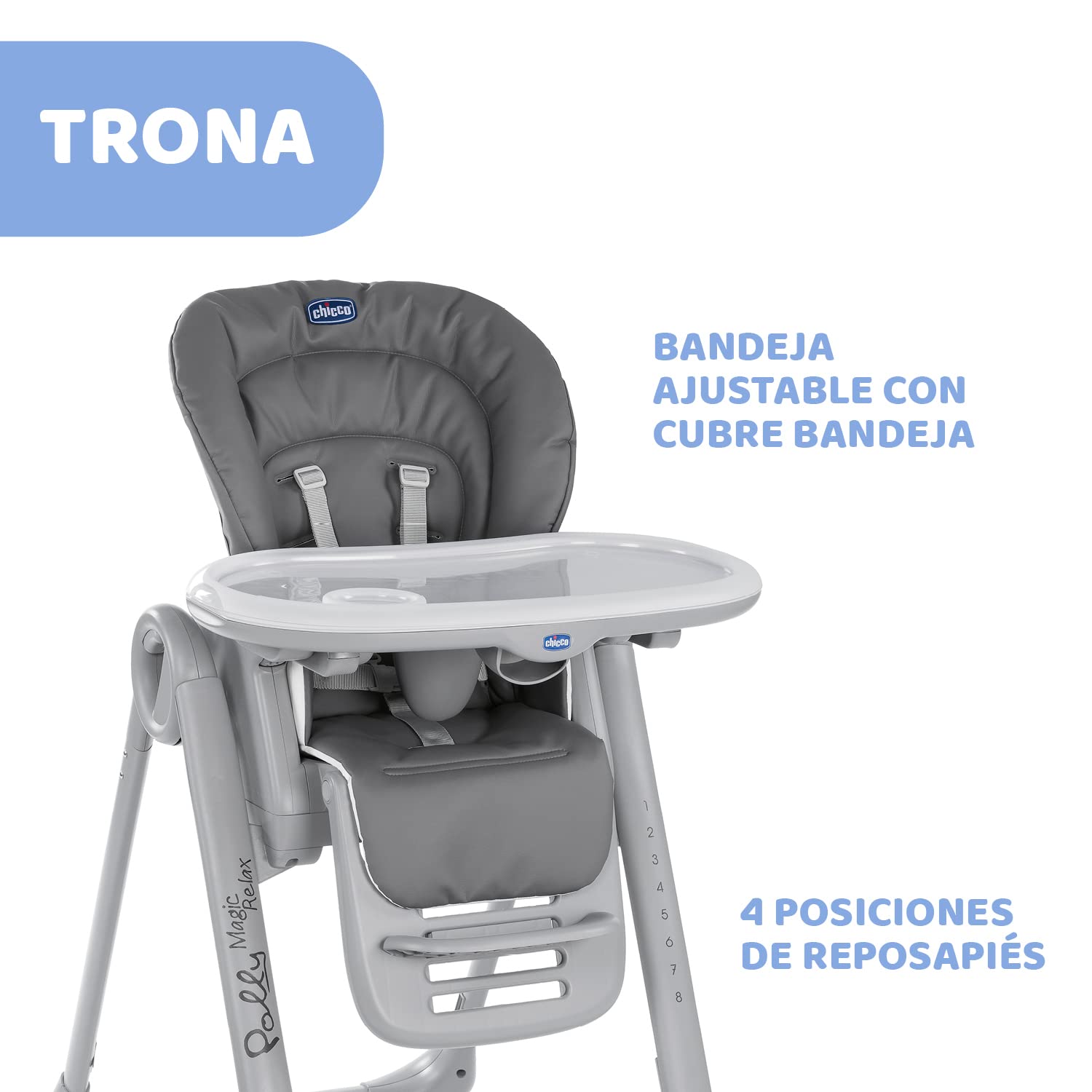 Chicco Polly Magic Relax Trona Evolutiva para Bebés y Hamaca Apta de 0 Meses a 3 Años (15 kg), Trona Compacta Totalmente Reclinable y Ajustable con 4 Ruedas, Barra de Juegos y Cojín Reductor - Gris