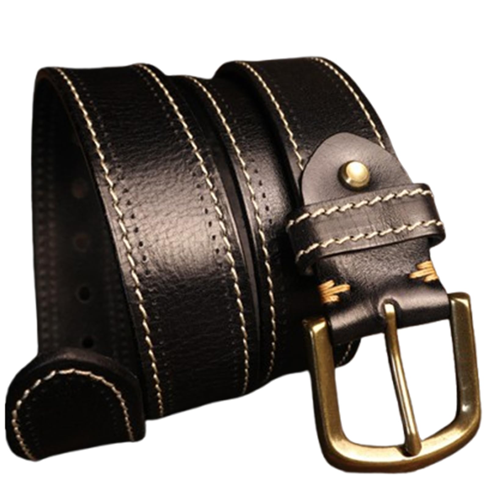 Gürtel Gesteppter Ledergürtel Vollleder Jeansgürtel Damen Herren Rindleder Handgemacht echtes Leder für Jeans Hosen Kleider Mode Goldschnalle(130cm/51, Black)