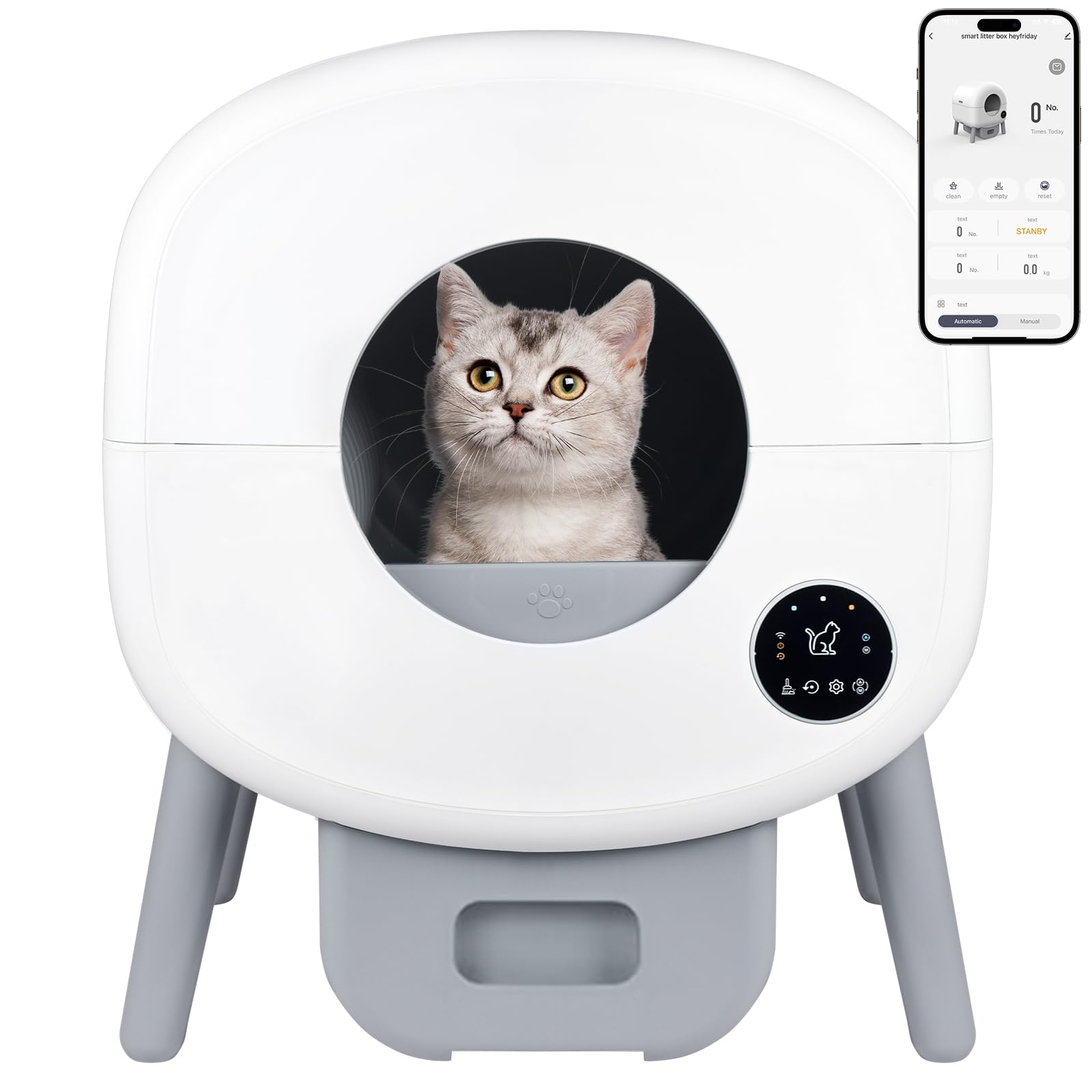 HeyfridaySelf Cleaning Litter Box, Large Automatic Cat Litter Box Self Cleaning with APP and Simple Panel Control Twofold Odor Removal Safety Protection for Multiple Cats