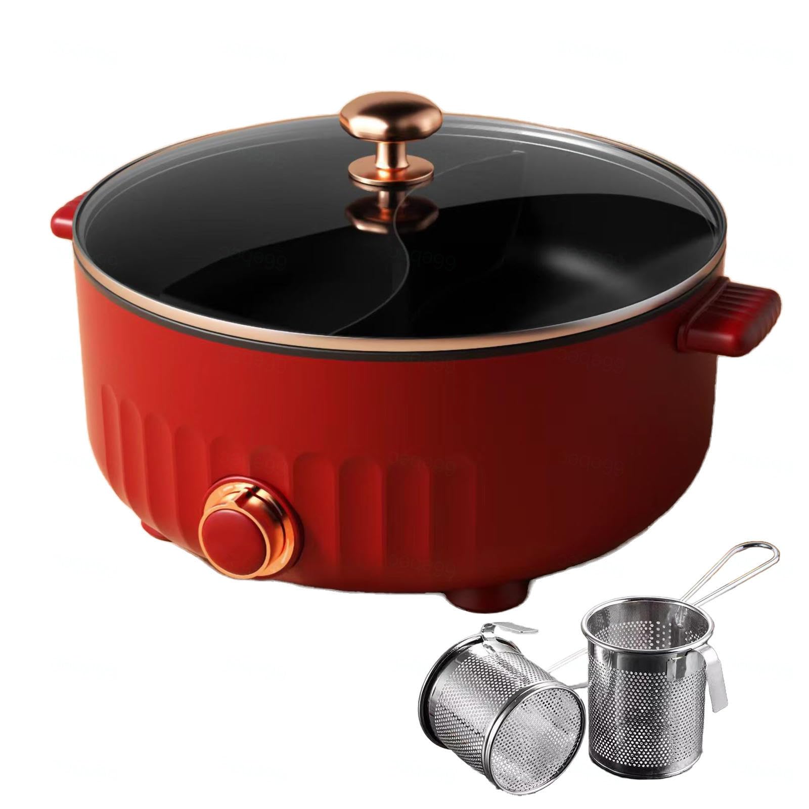 ARTSIM Appareil Fondue, 1350 Watts Fondue Chinoise Hot Pot IdéAl pour Les RéUnions De Famille (avec 2 Filets Non éTanches),Red