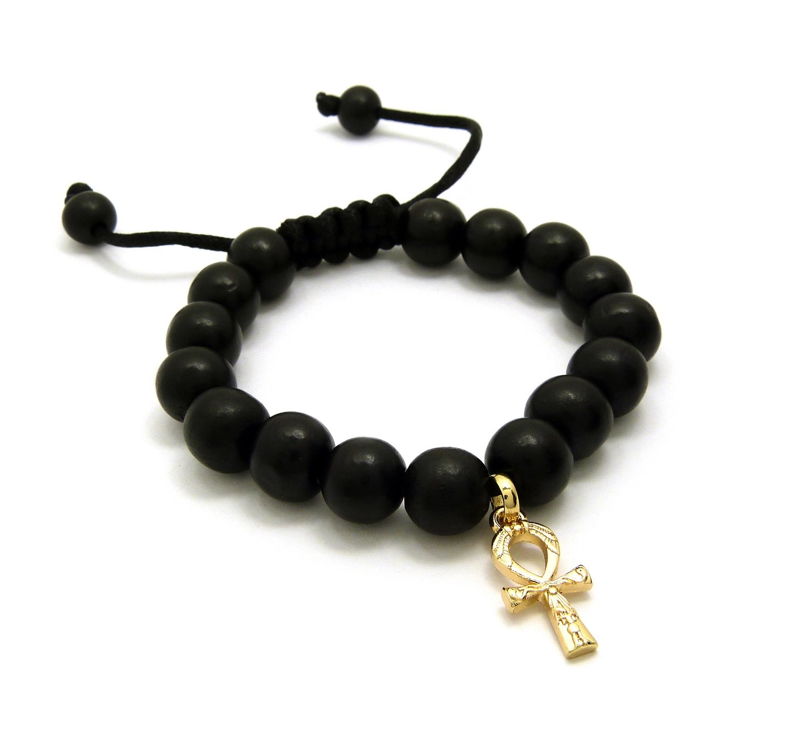 Fashion21Egypt Key of Life Ankh Charm Adjustable 12mm Wooden Bead Bracelet in Black Tone