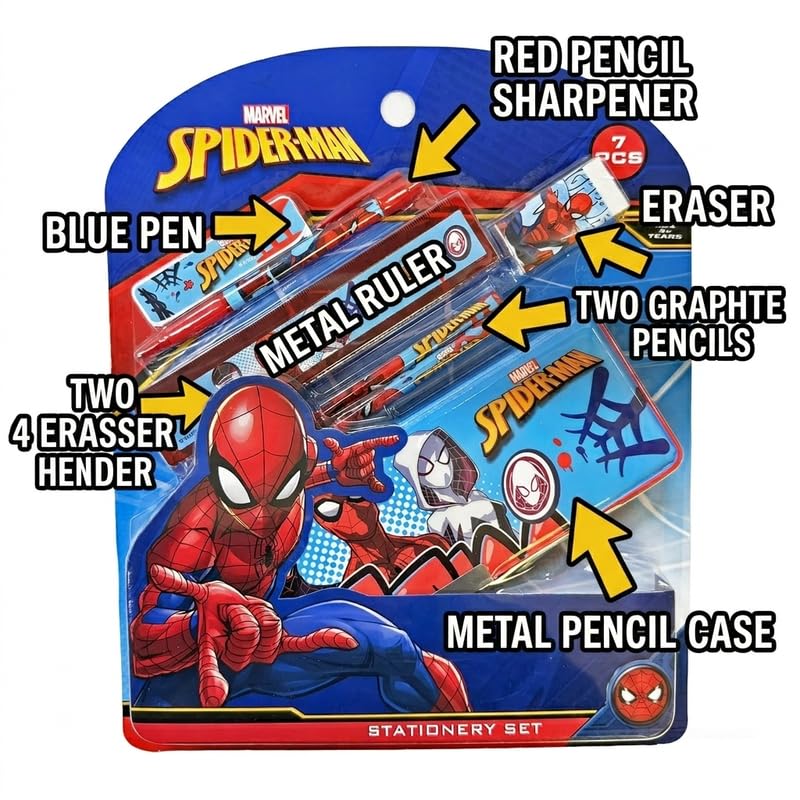 Image of Spiderman 7 pcs Stationery SetSchool Supplies Kit Multicolor Return Gift for Kids Age 3 Years +