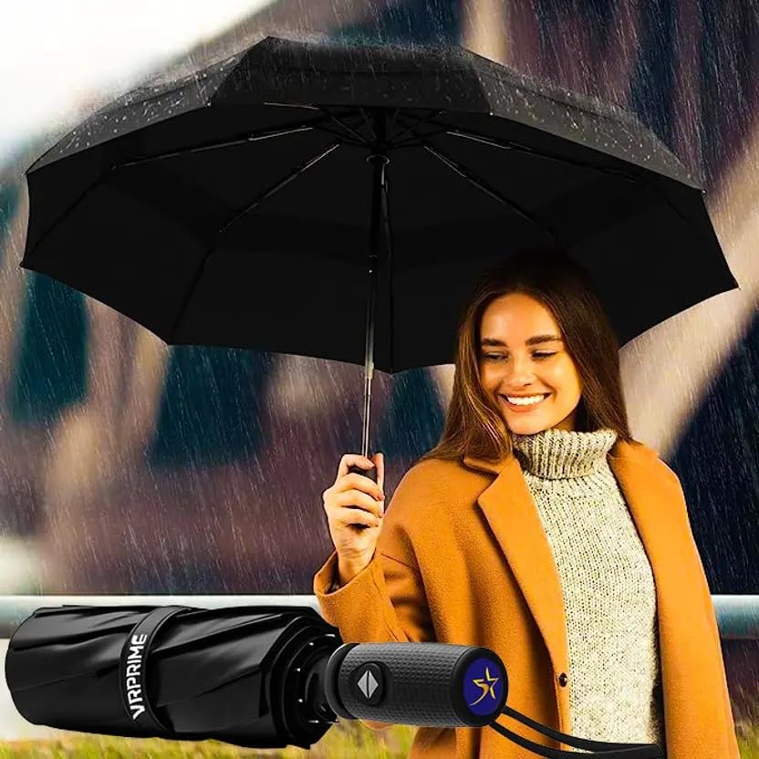Image of VR PRIME Umbrella for Rain | Big Size | 3 Fold Travel Umbrella for Rain, Sun Protection, Windproof Reinforced 10 Dual Ribs, Automatic Open /Close (Black)