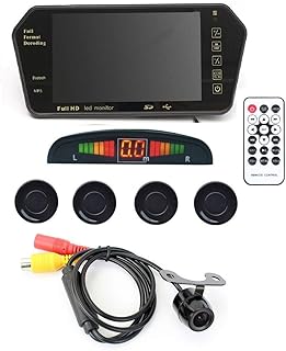Automotive Car Accessory Combo of 7 Inch TFT HD Rearview Mirror Monitor, Black Parking Sensors, Camera