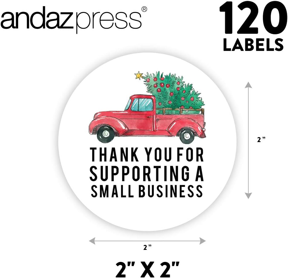 Andaz Press Christmas Round Small Business Sticker Labels, 2 Inch Round, Thank You for Supporting a Small Business, Vintage Christmas Pick Up Truck Design, Packaging Stickers, 120-Pack
