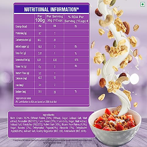 Image of Kwality RCB Muesli Fruit & Nut 900g Jar | 88% Multi Grains | Natural Source of Vitamin & Iron | High in Protein & Fiber | Healthy Breakfast Cereal | Endorsed by Royal Challengers Bangalore (RCB)