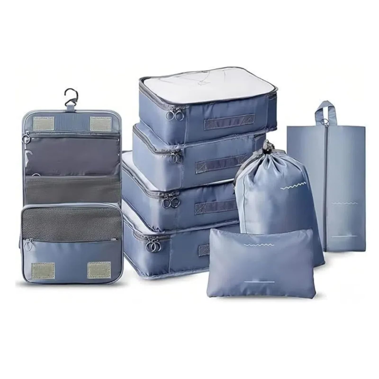Cubos de embalaje para maletas, juego de 8 piezas, organizador de viaje, cubos de embalaje de compresión para ropa, zapatos, cosméticos, artículos de tocador - Esenciales de viaje