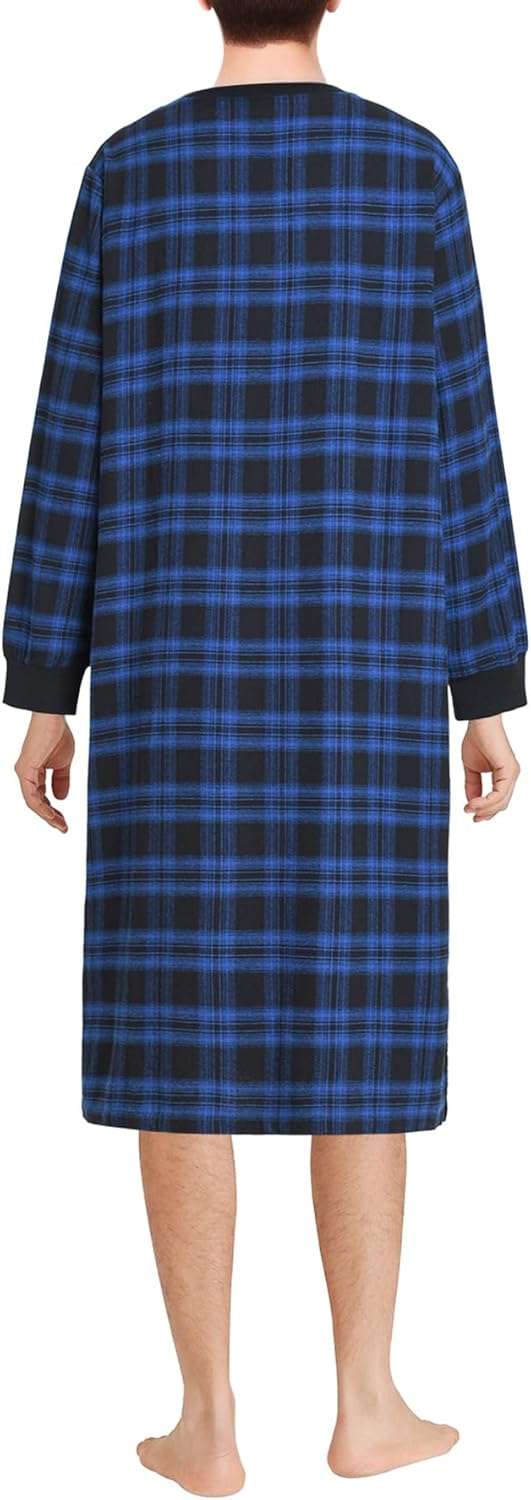 Esenchel Men's Cotton Flannel Nightshirt Long Sleeve Sleep Shirt with Pockets - Image 2