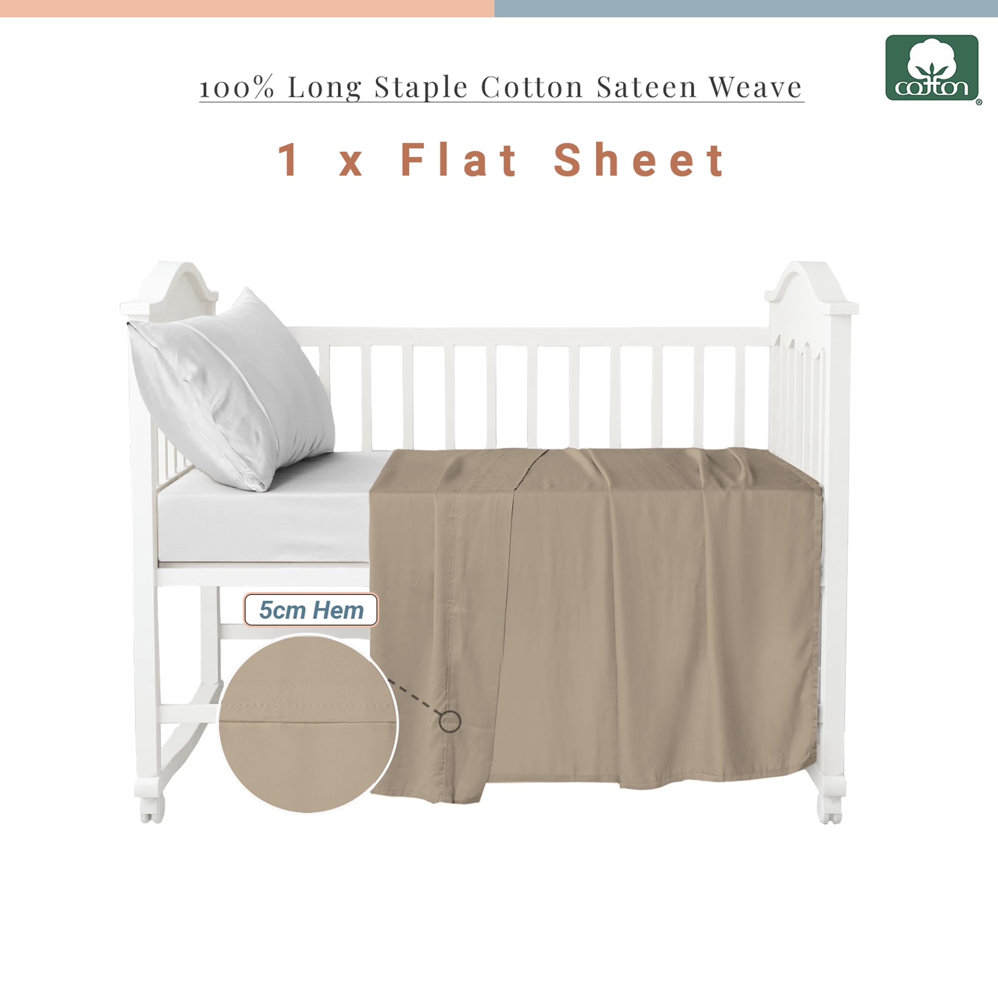 Pizuna Cotton Flat Crib Sheets 120x150cm for Babies Simply Taupe 1pc 400 Thread Count 100% Long Staple Cotton Luxurious Sateen Weave Baby Flat Sheet With Stylish 5cm Hem By (Crib Sheet) - Image 3