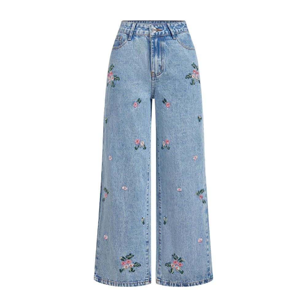 Baggy Jeans Damen Weites Bein Jeanshosen mit Blumenstickerei Denim Hosen
