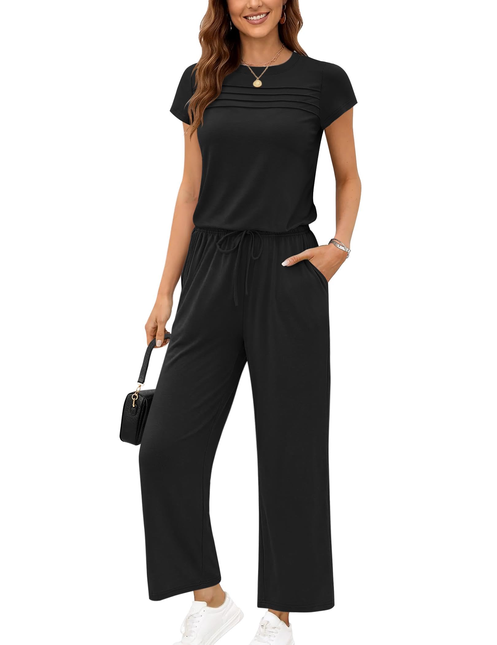 ekouaer Jumpsuits for Women 2026 Summer Casual Round Neck Pleated Front Womens Rompers With Pockets Vacation Outfits-picture-42