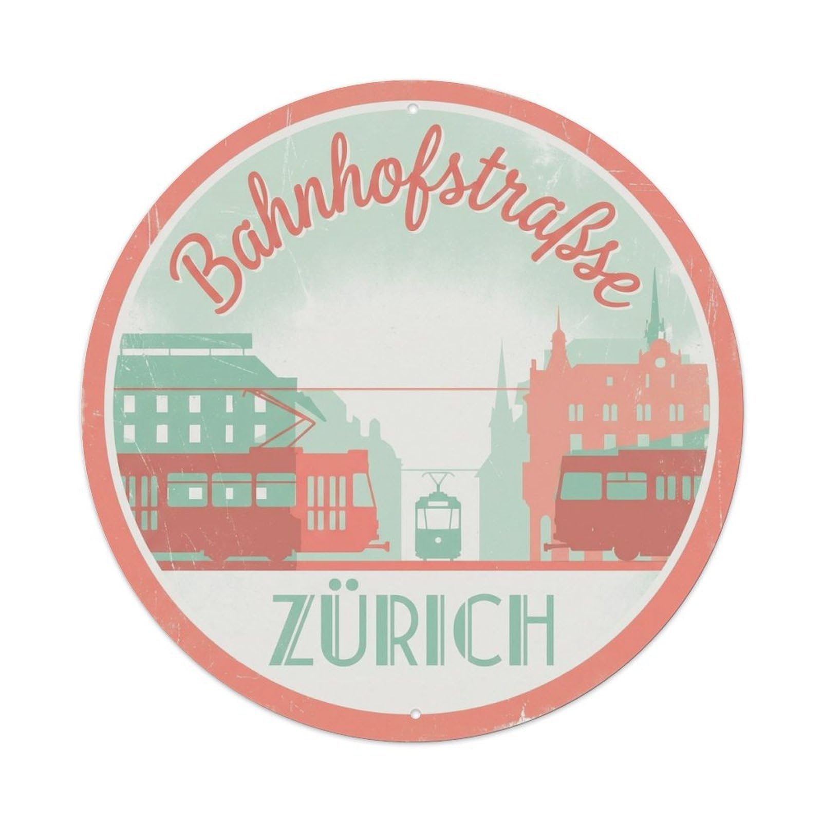 Cmhok Vintage Style-9 Vintage Travel Bahnhofstrasse Zurich Artwork Metal Tin Sign Plaque Wall Decor For Cafe, Club, Garden Round Metal Poster 8X8inch