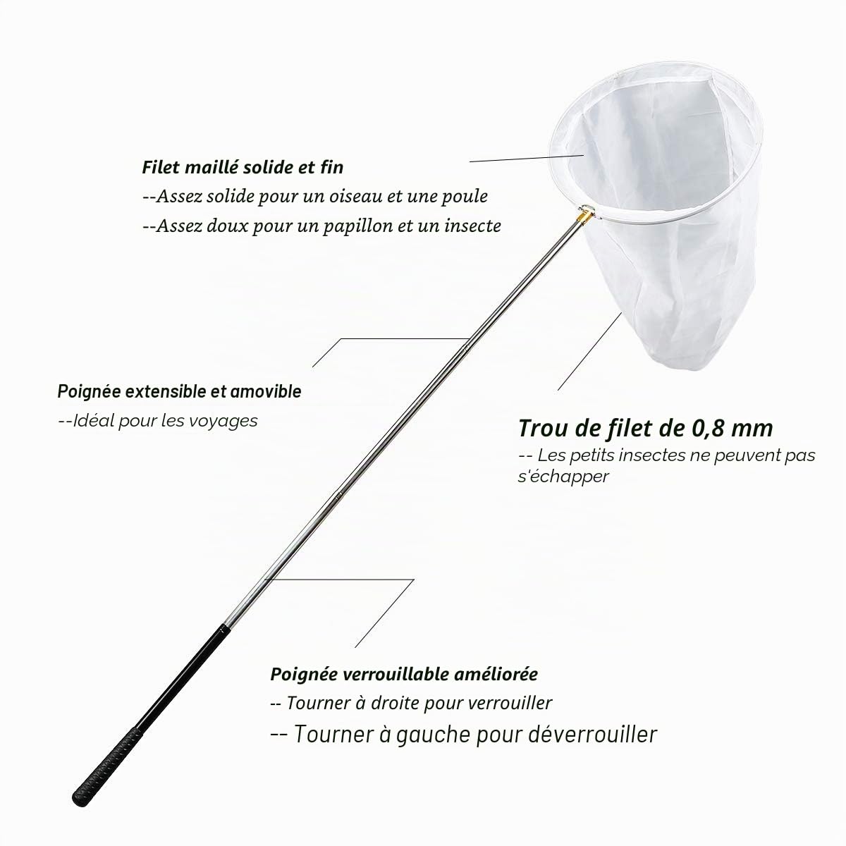 RESTCLOUD Filet à Insectes et Papillons Professionnel avec Anneau de 4,3 m, Profondeur de Filet de 76 m, poignée télescopique de 150 m, Extensible jusqu'à 23 m, verrouillable en Acier Inoxydable