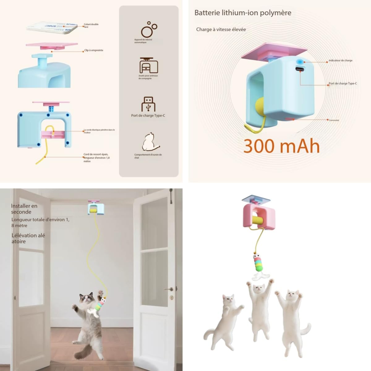 Générique Jouet Chat, Canne A Peche pour Chat avec Corde Telescopique, Jouet Interactif Electrique Lanceur De Balles pour Chats (A)
