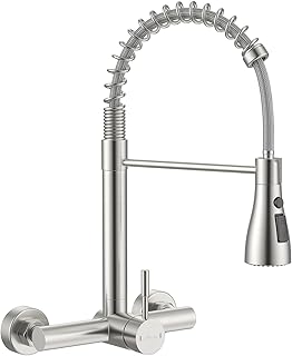APPASO Grifo de pared (distancia entre agujeros 15 cm), manguera extraíble, en acero inoxidable cepillado, 3 tipos de chorro y giratorio a 360°, mezclador de alta presión, altura 43 cm