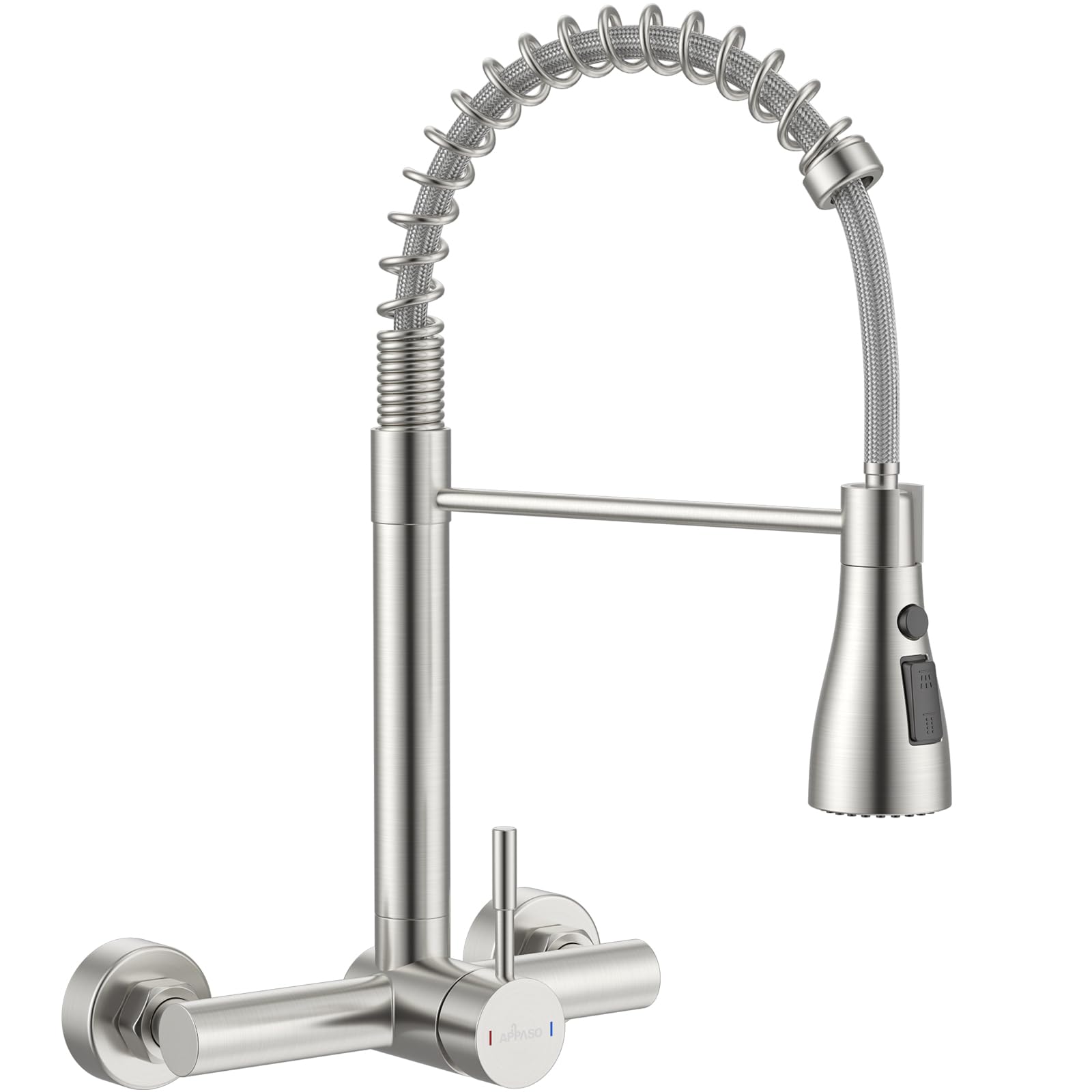 APPASO Grifo de pared (distancia entre agujeros 15 cm), manguera extraíble, en acero inoxidable cepillado, 3 tipos de chorro y giratorio a 360°, mezclador de alta presión, altura 43 cm