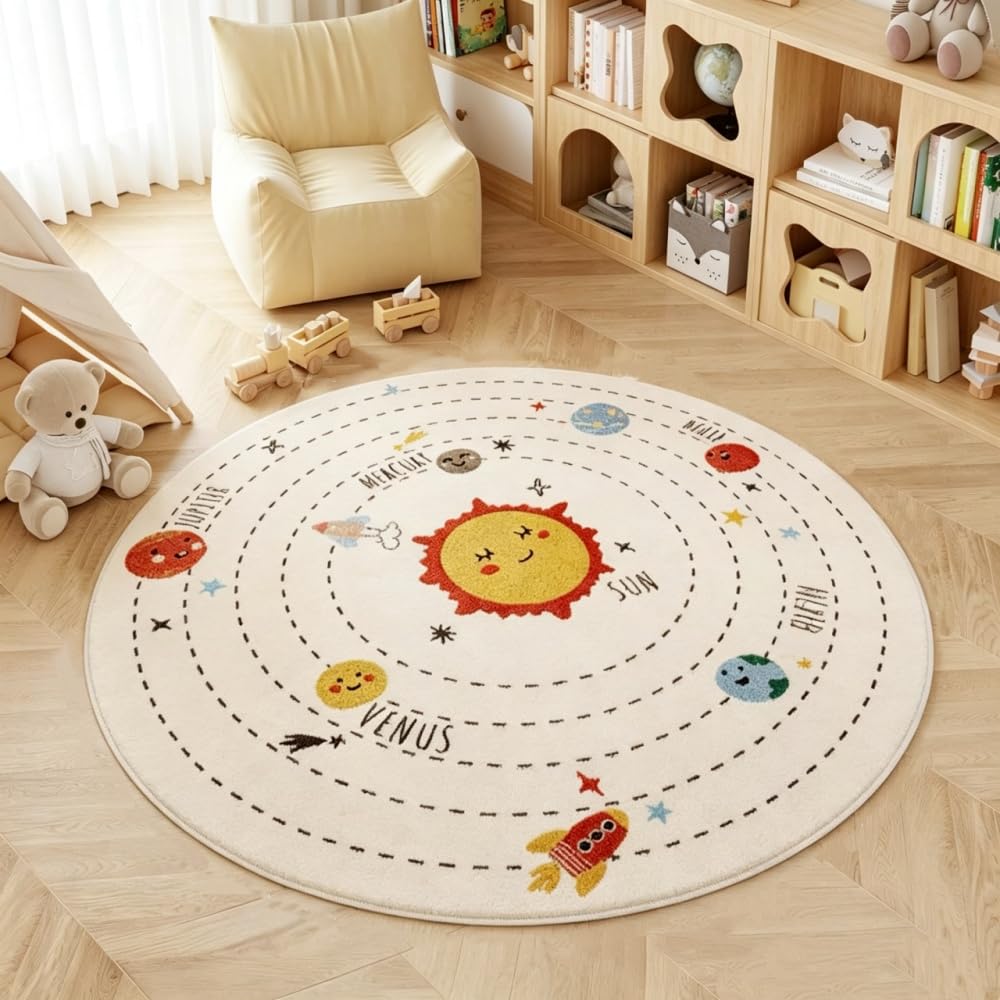 Poowe Solar System Kids Area Rug Educational Learning Carpet Fun Rug Children Area Rug for Playroom & Nursery (31.5" Round) — image 1