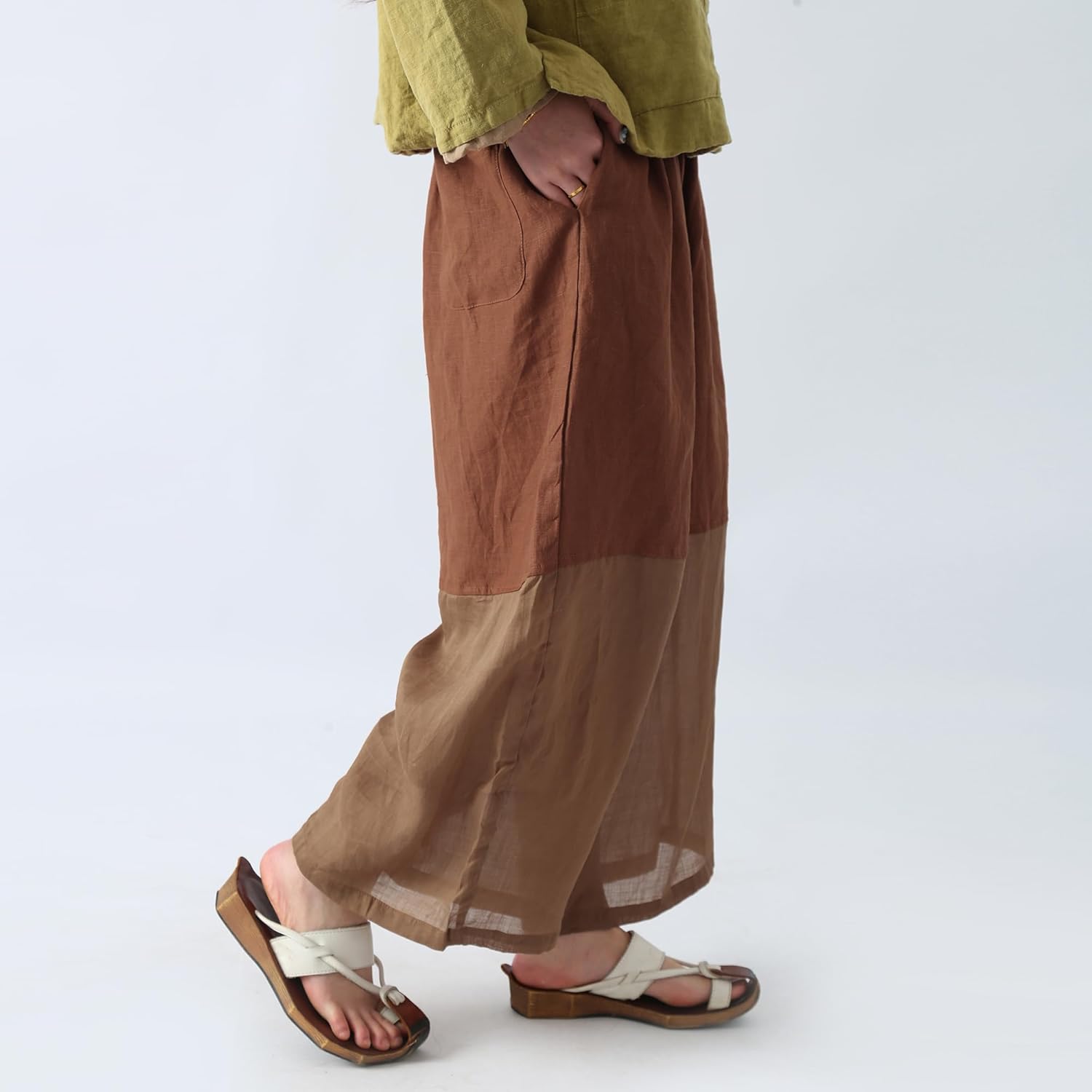 Women's Cropped Wide Leg Linen Pants High Waisted Lightweight Beach Pants with Patchwork & Contrast Color
