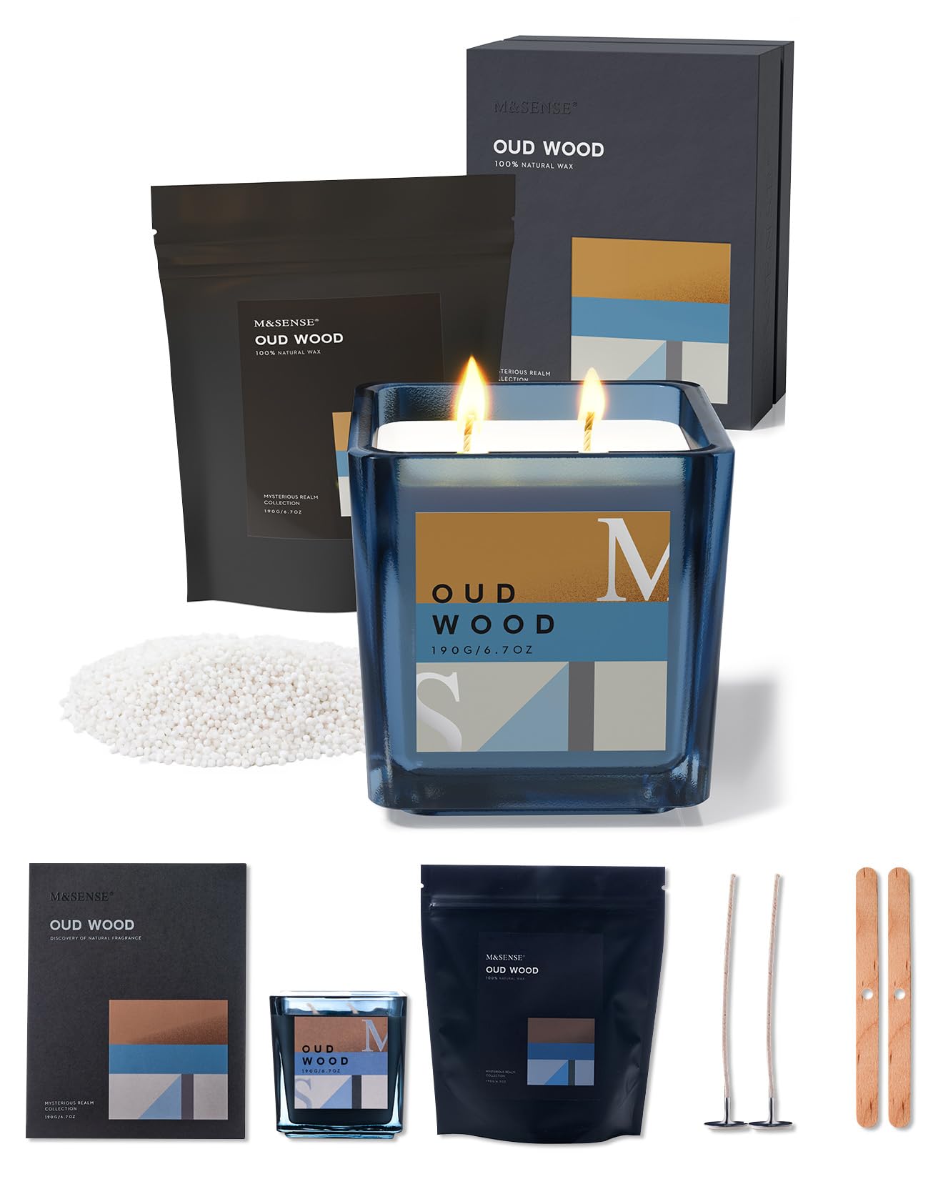 M&SENSE Oud Wood Scented Candles Set with Refills for Candle Making，14.3 oz/0.8 lb Soy Wax Jar Candle Clean Burning, Up to 80H Long Lasting Stress Relief Aromatherapy Candle Gift