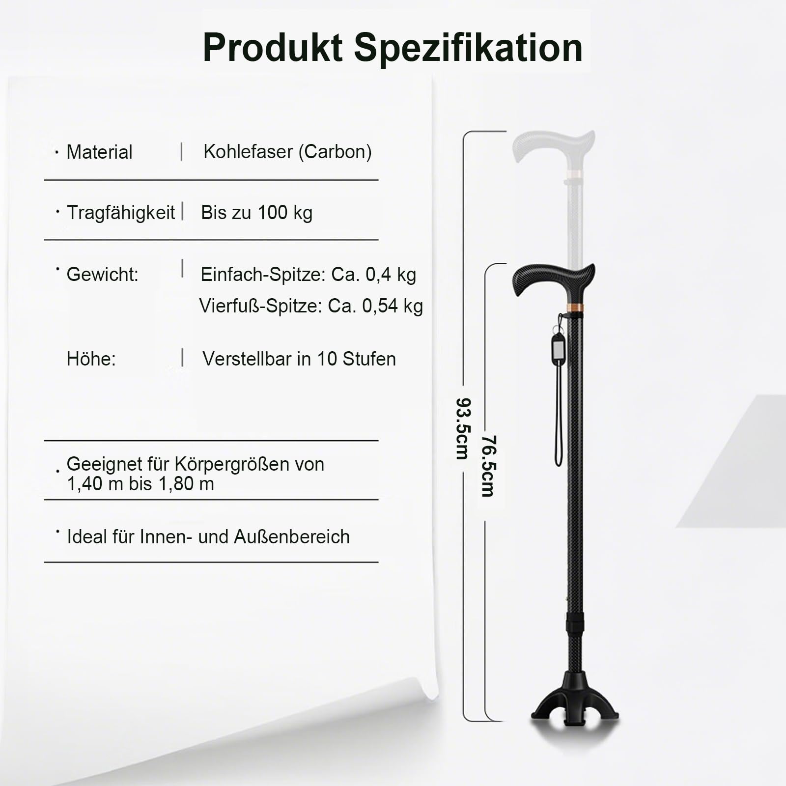 Faltbarer Aluminium Gehstock mit 2 Basen 10-stufig verstellbar 62–97cm | Zusammenklappbarer Gehstock für Senioren Erwachsene mit Doppelboden 100kg Tragkraft, ergonomischer Griff & Handgelenksband