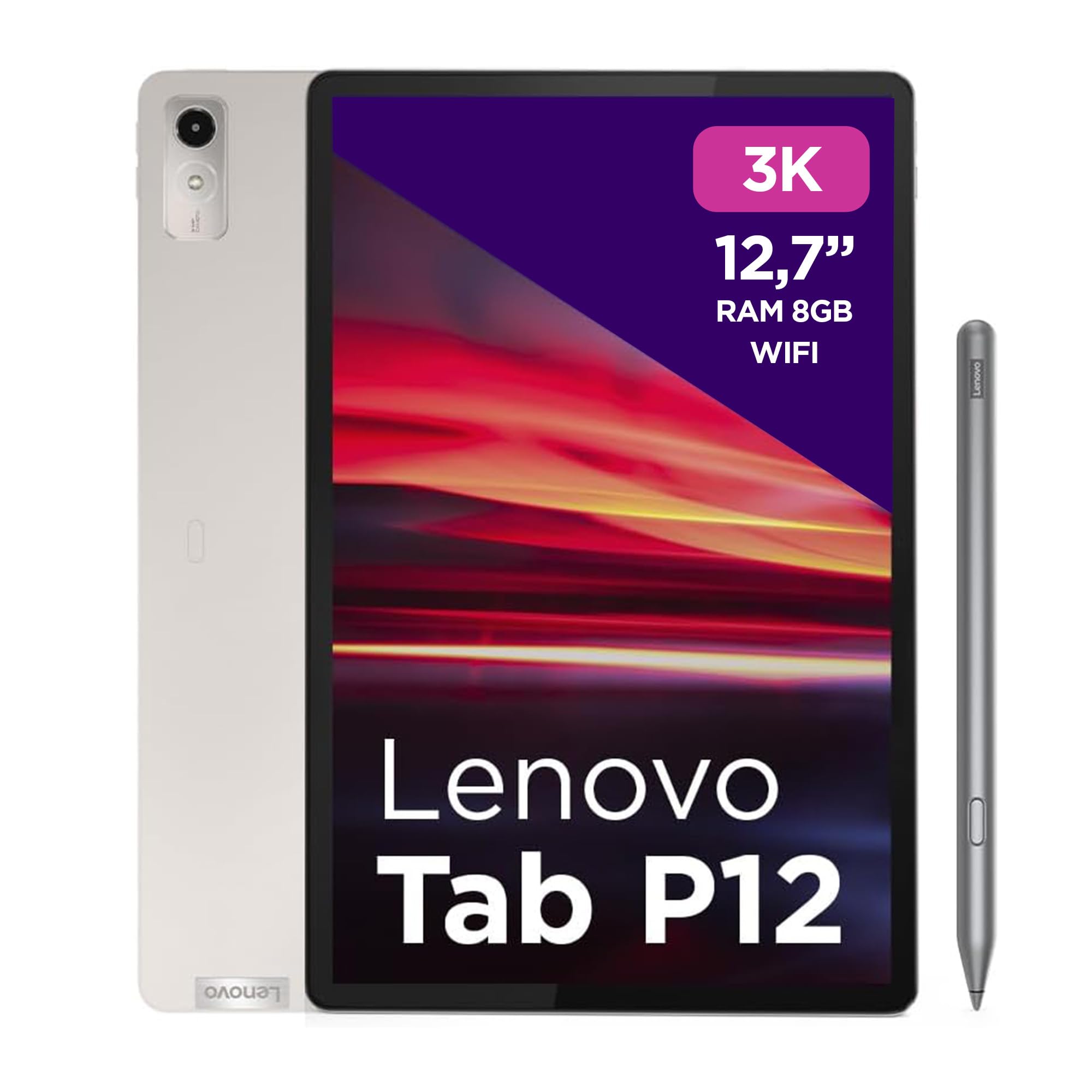 Lenovo Tab P12, Tablet display 3K da 12.7" Processore MediaTek Dimensity 7050, RAM 8GB, Memoria 256GB, WiFi 6, Tablet Android 13, Oat Grey, Pen inclusa