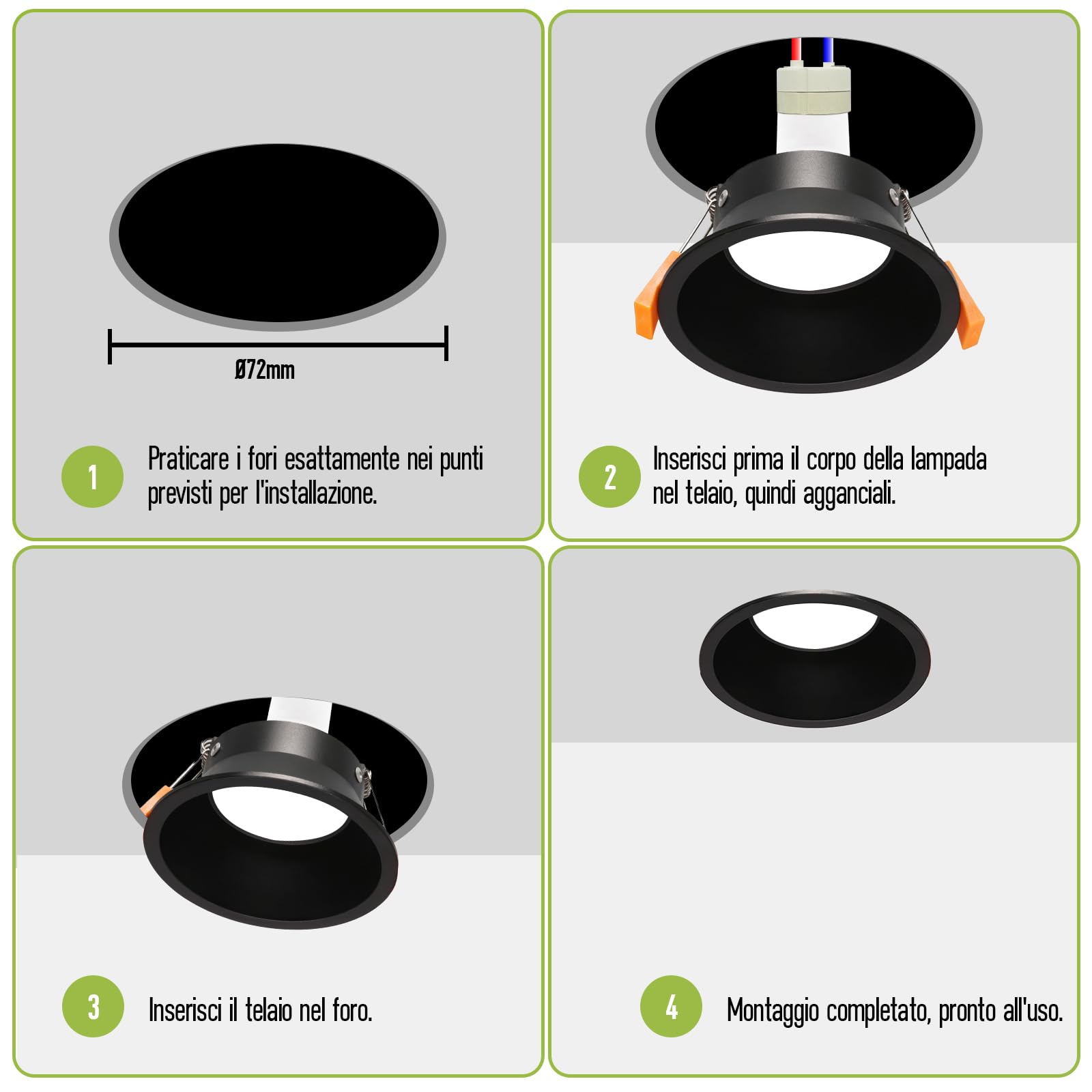 10 Pezzi Cornice Faretti LED Incasso GU10 Portafaretto Incasso Foro Φ72mm per LED Alogeno Portalampade GU10 Rotondo Nero Alluminio