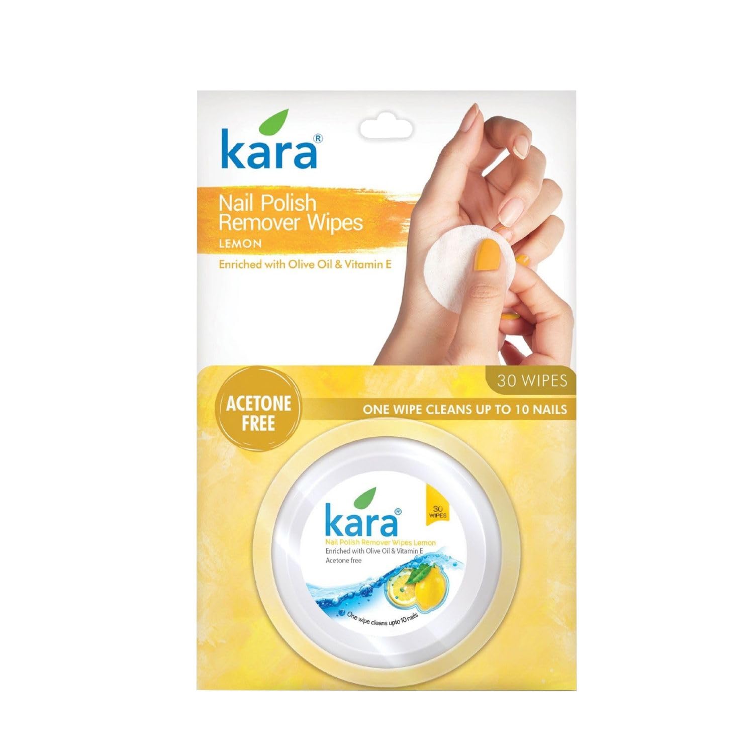 Kara Nail Polish Remover Wipes Lemon 30 Pulls, Enriched with Olive Oil & Vitamin E, Acetone Free, One Wipe Cleans Upto 10 Nails