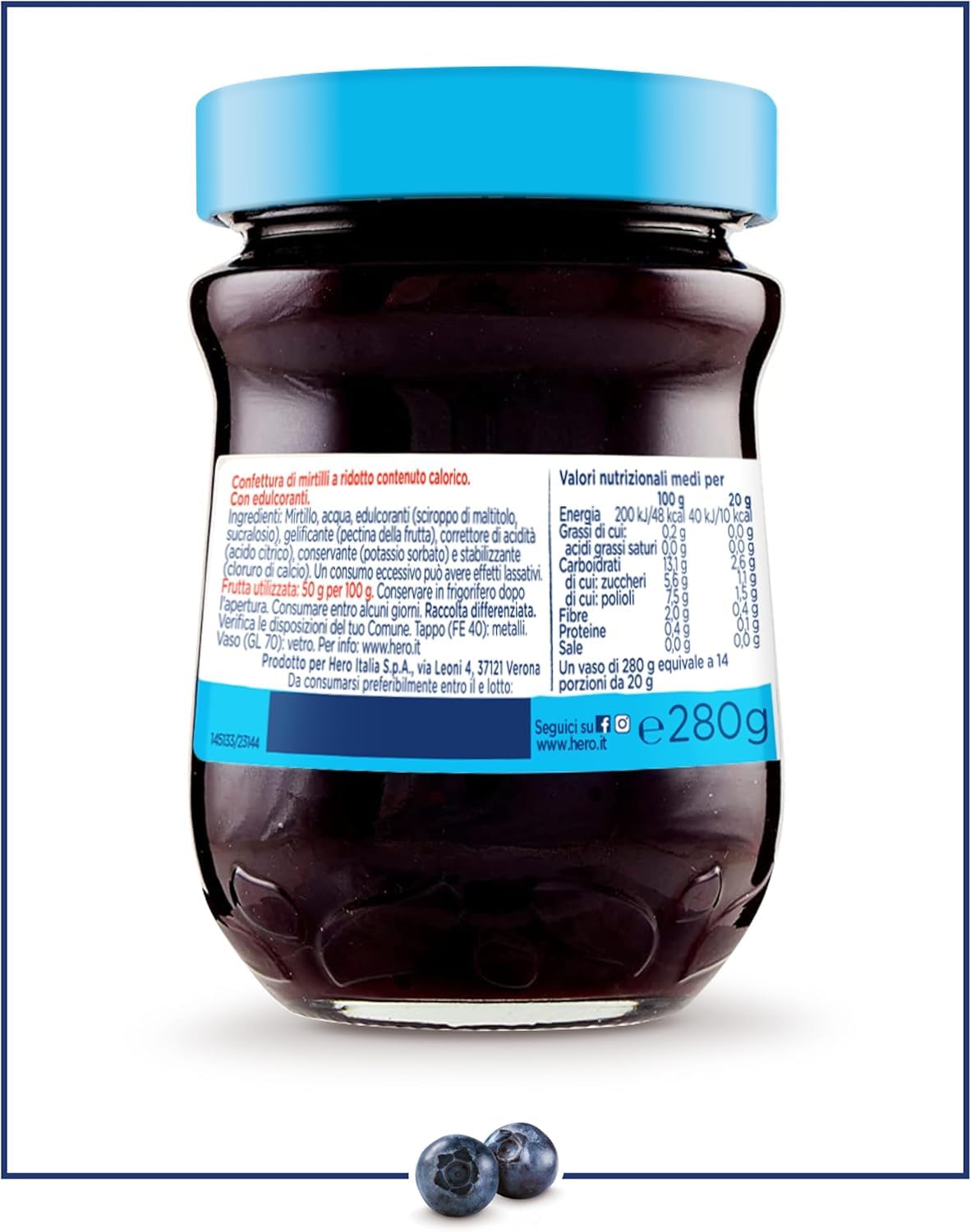 Hero Light Lot de 8 bocaux de 280 g de myrtilles, de confiture et de confiture supplémentaire, fruits de qualité, sans conservateurs et sans colorants, Italian Gourmet polpa 400 g