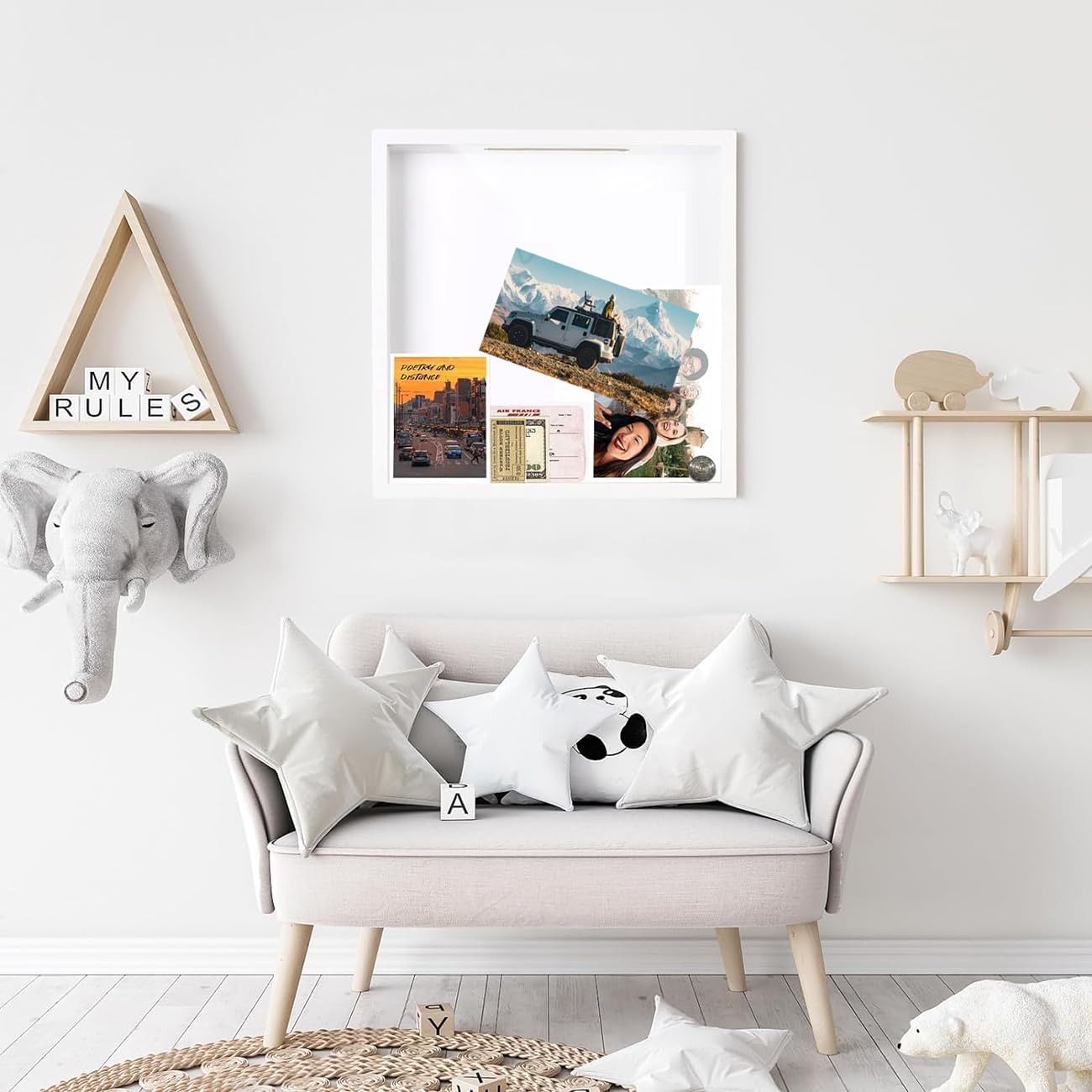 Travel Adventure Archive Box for Memories, 11.42 Inch Concert Ticket Shadow Box with Slot, Keepsake Boxes Travel Picture Frame, Memory Display Case for Desk Wall Deco, White